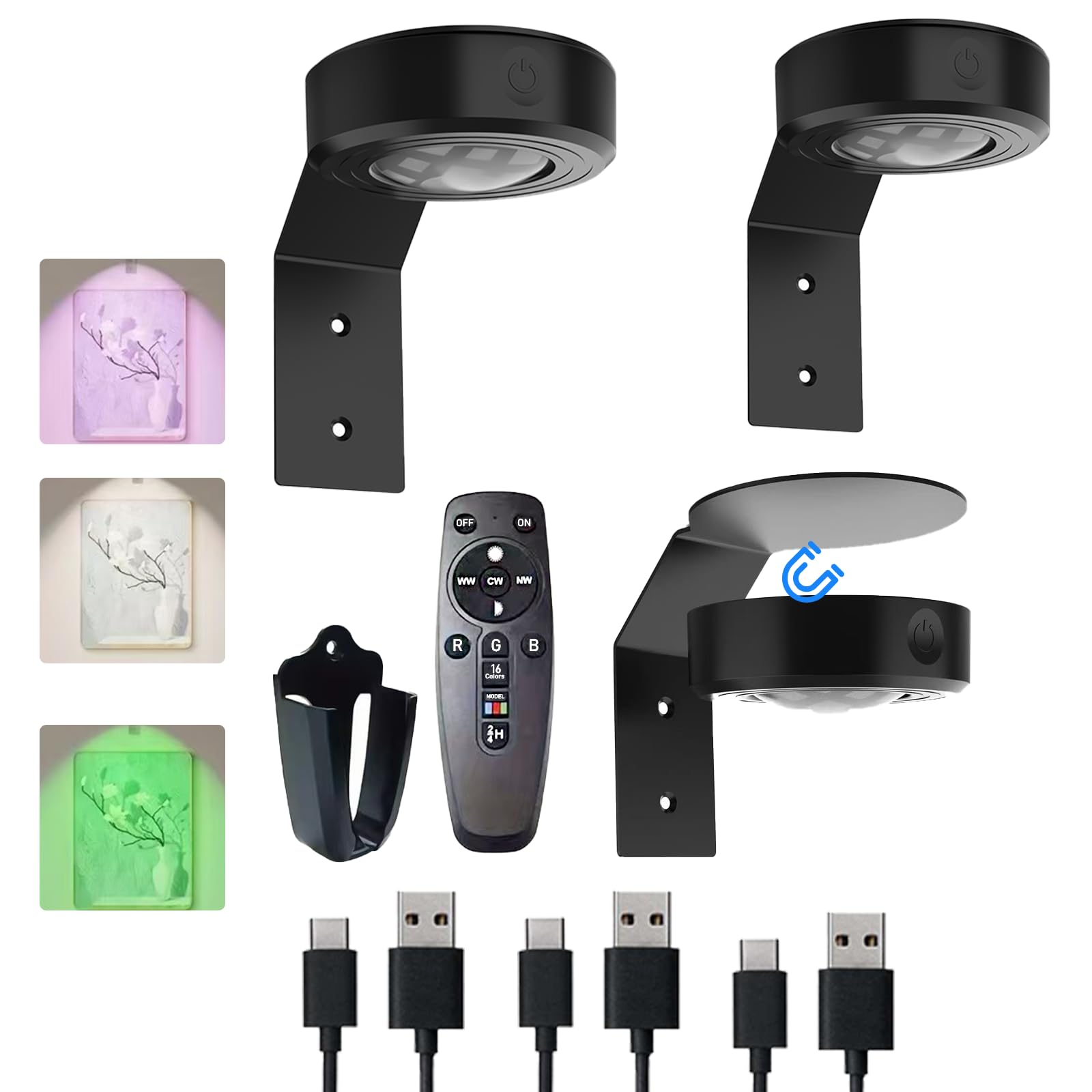 VIGMOJ 3Pcs Picture Lights for Wall, 16 Lighting Modes Magnetic Art Display Light for Paintings with Remote Control Dimmable & T
