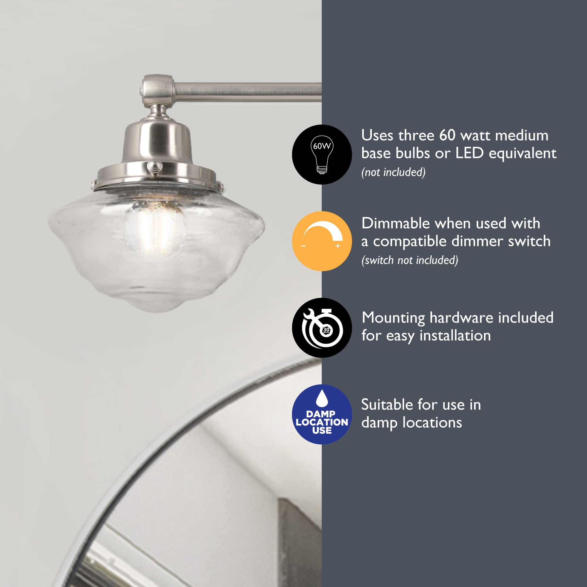 Design House Vintage-Inspired 3-Light Dimmable Vanity Light, Satin Nickel, Clear Seeded Glass Shades, 23.125 in x 7.625 in x 9.5 in,