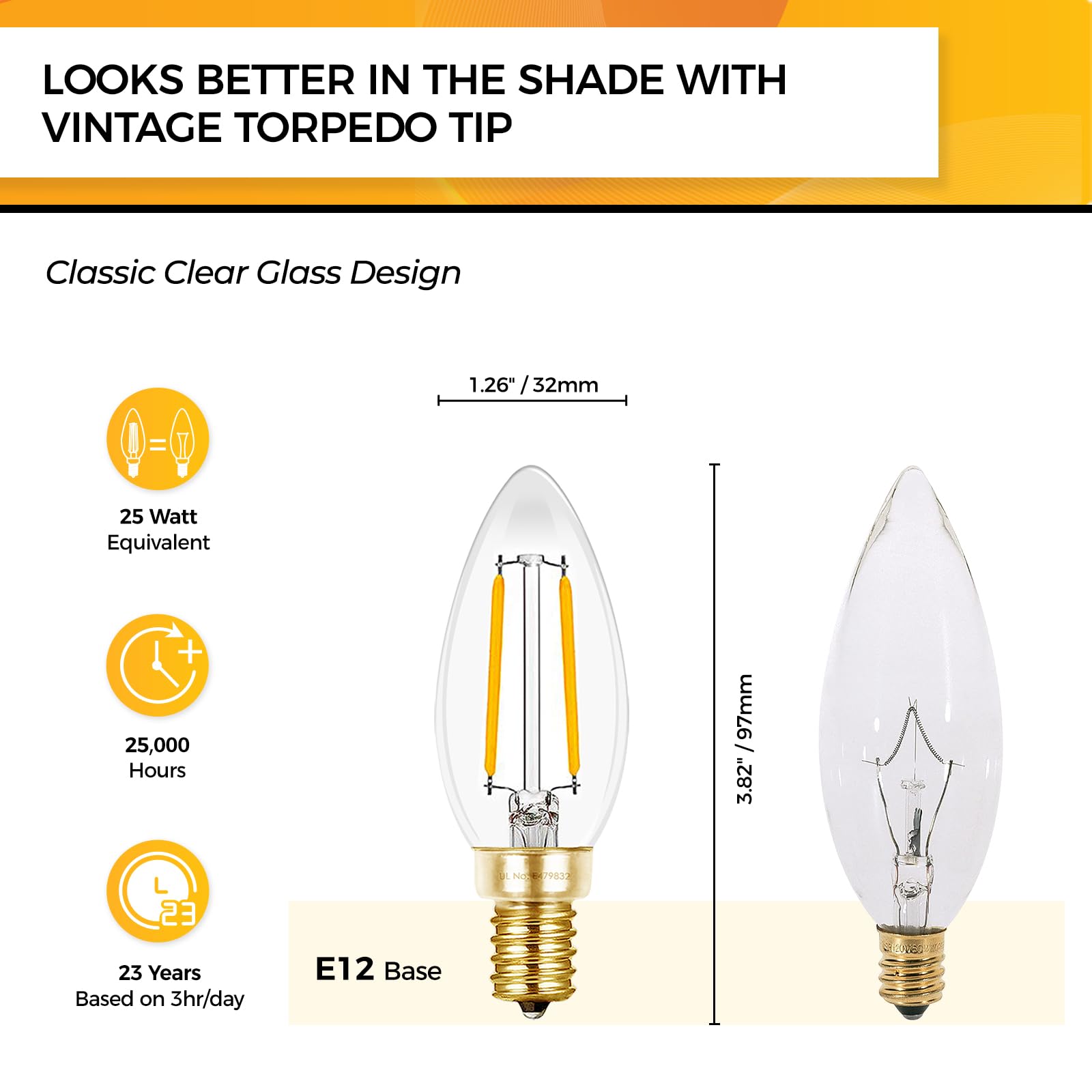 Hizashi Candelabra LED Light Bulbs 25W Dimmable 90+ CRI 200LM Soft White 2700K B10 E12 12 Pack