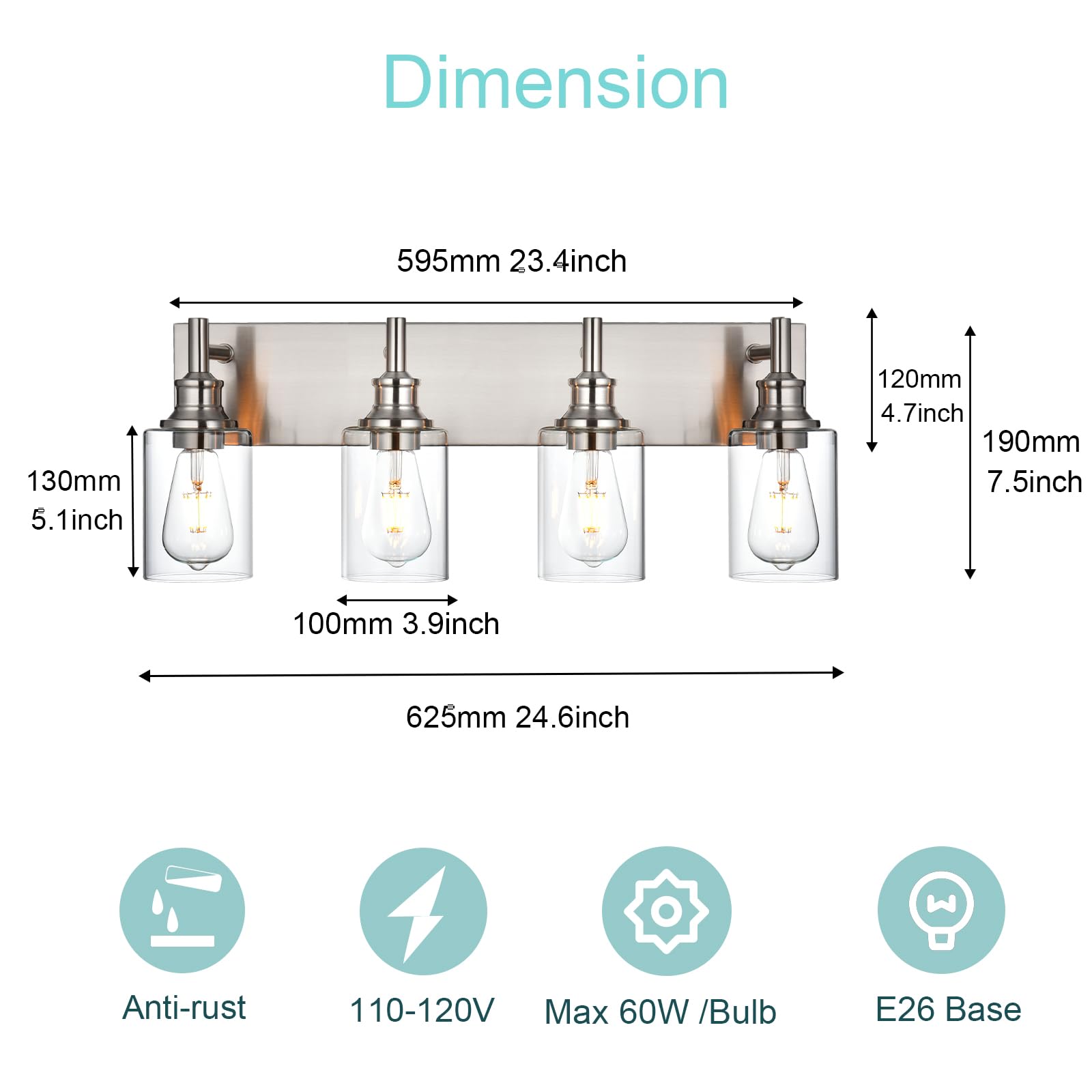 Wanluce 4 Light Bathroom Vanity Light - Brushed Nickel, Modern Farmhouse Wall Sconces With Clear Glass Shade