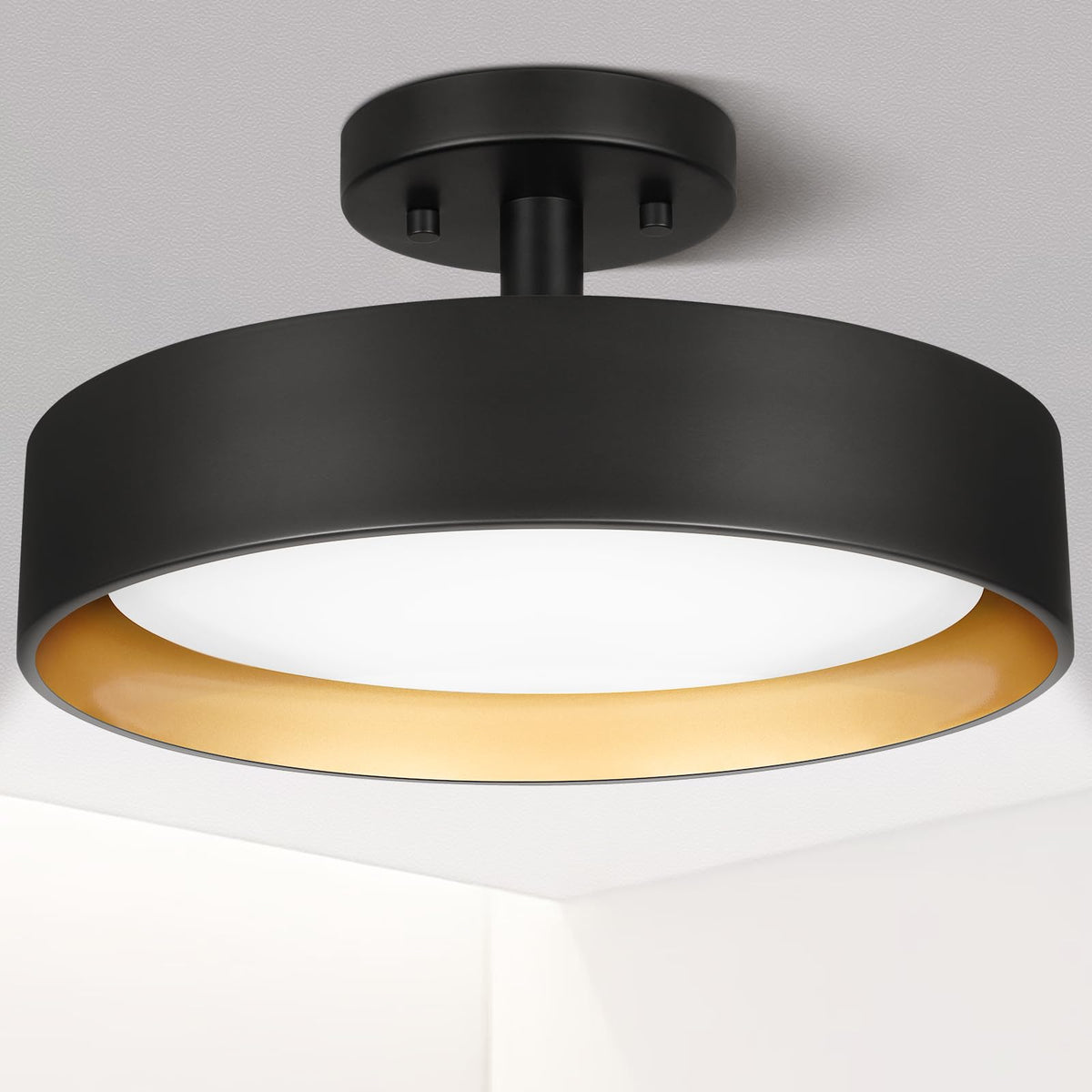 SunRider Semi Flush Mount Ceiling Lights, 12 Inch 25W LED Ceiling Light Fixture Black for Hallway Kitchen, Gold Inside, 5000K Da
