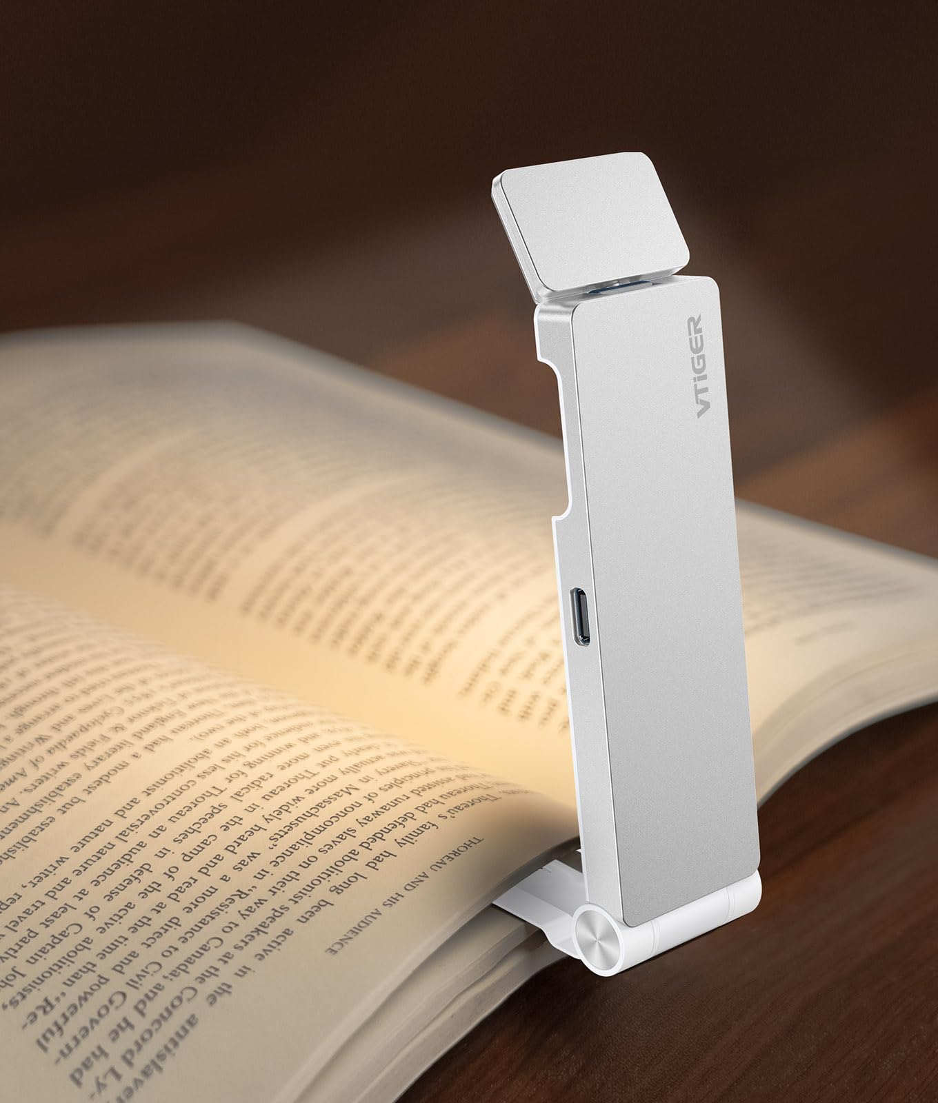 VTIGER USB Rechargeable Book Light, Foldable Clip-on LED, 3 Amber Colors, 4 Brightness Levels, Silver, Model B1