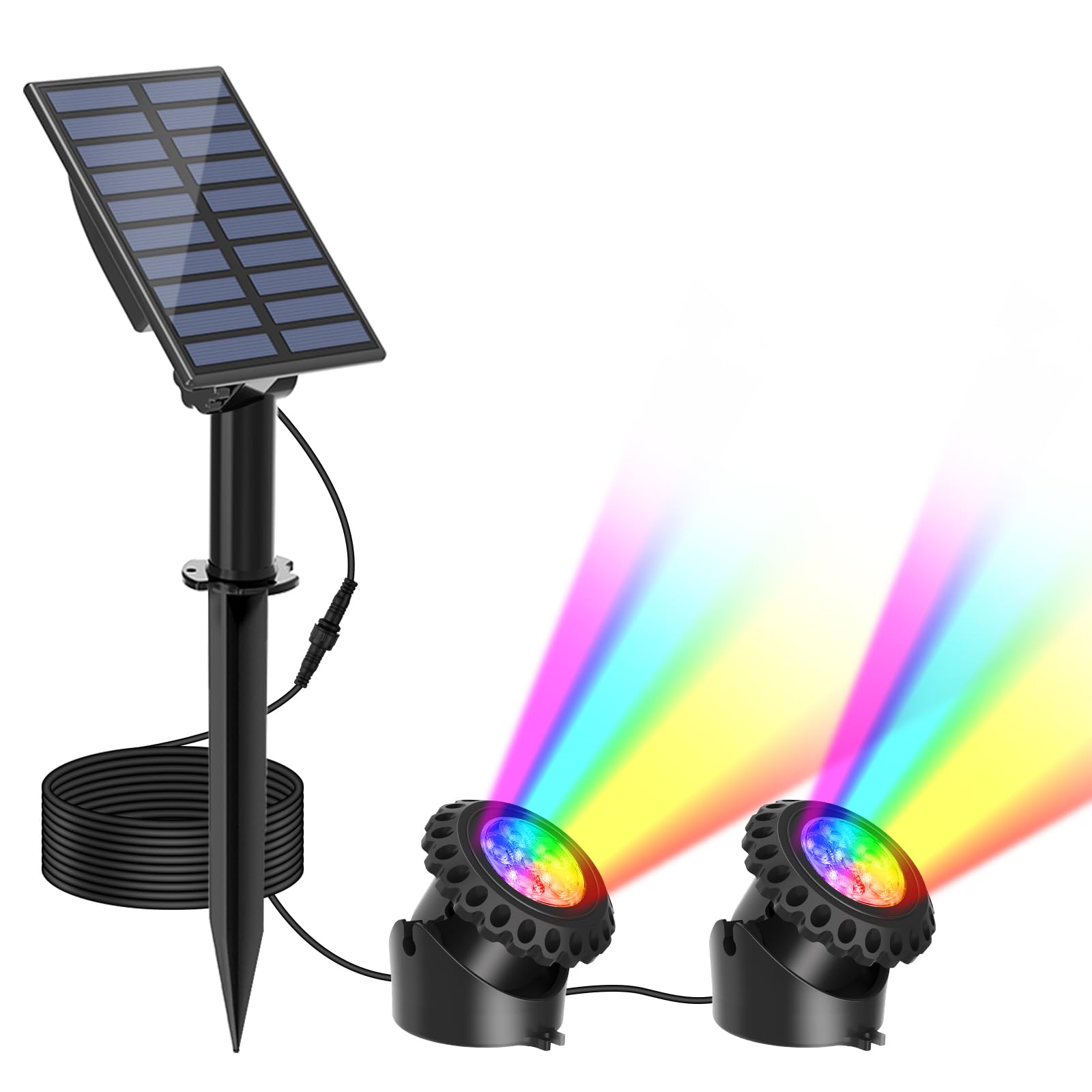 T-SUN Solar Pond Lights, 2 Headlamp RGB LED Spotlights, Underwater Submersible Fountain Lights Solar Fish Tank Light for Garden 