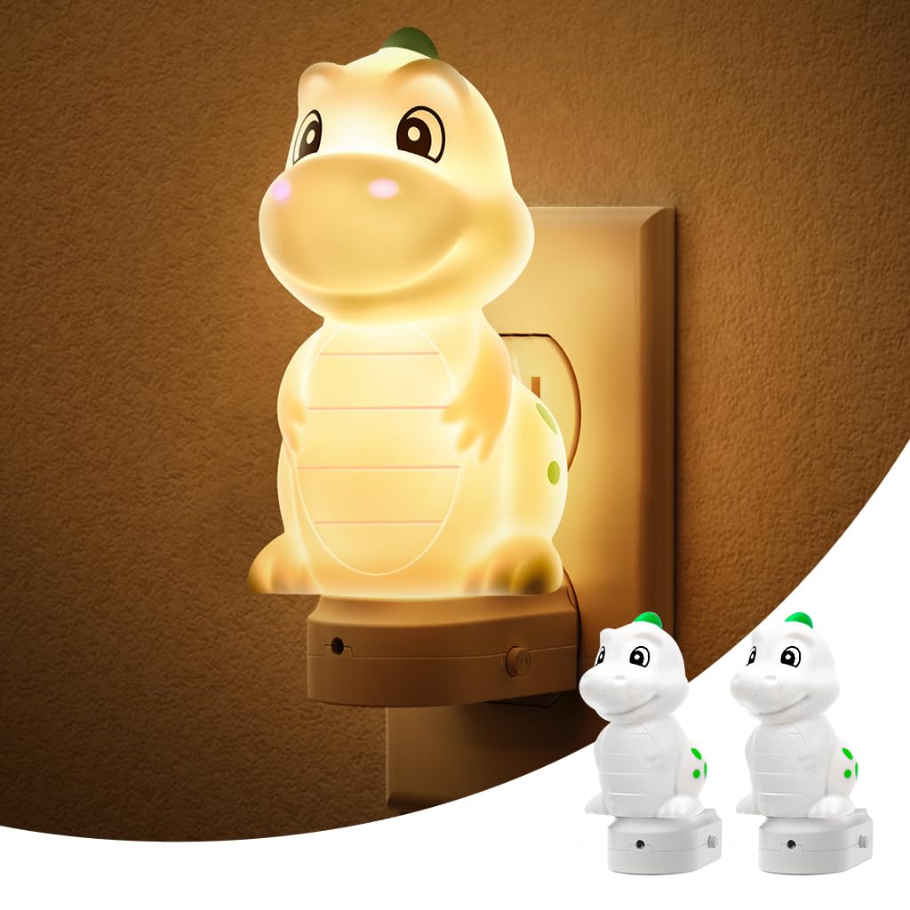 L LOHAS LED Plug in Night Light for Kids,2-Pack 3D Cute Dinosaur Night Lights with Dusk to Dawn Sensor, RGB+Soft White 3000K Din