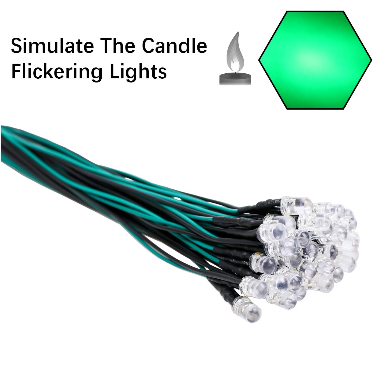 Edgelec 30Pcs 12 Volt 5Mm Green Flicker Led Lights Emitting Diodes (Candle Flickering Lights) Pre Wired 7.9 Inch Dc 12V Led Light Clear Lens Small Led Lamps