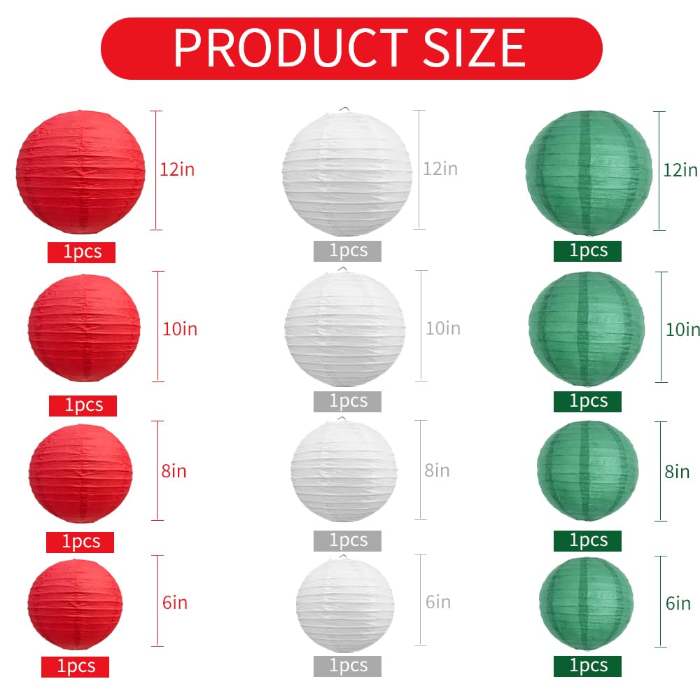 Beishida 12Pcs Red Green White Paper Lanterns Decorative Hanging Round Paper Lanterns Lamp For Christmas Birthday  Wedding Bridal Home Decor Outdoor Decoration Party Decoration