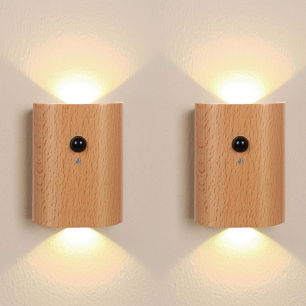Landgoo Wooden Led Step Lights Wall Lamp  2700-3000K Motion Sensor Night Lights  Rechargeable Stair Lights For Hallway Indoor Lighting(White Ash Wood 2Pcs)
