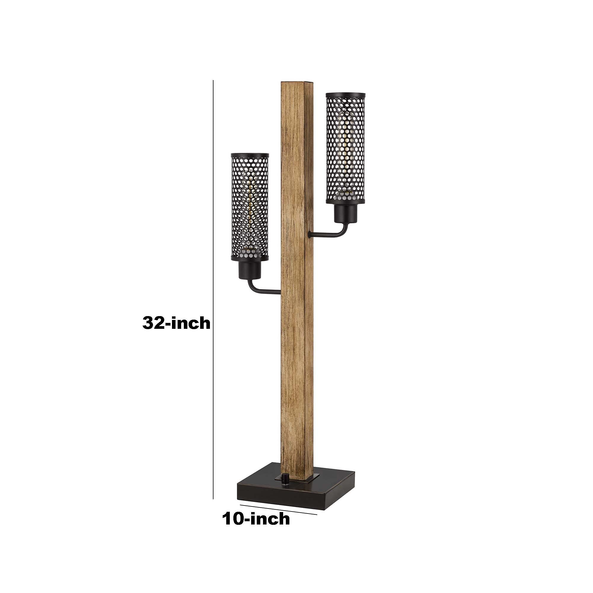 Benzara Wooden Table Lamp with 2 Metal Mesh Shades, Model BM241805, Brown and Black