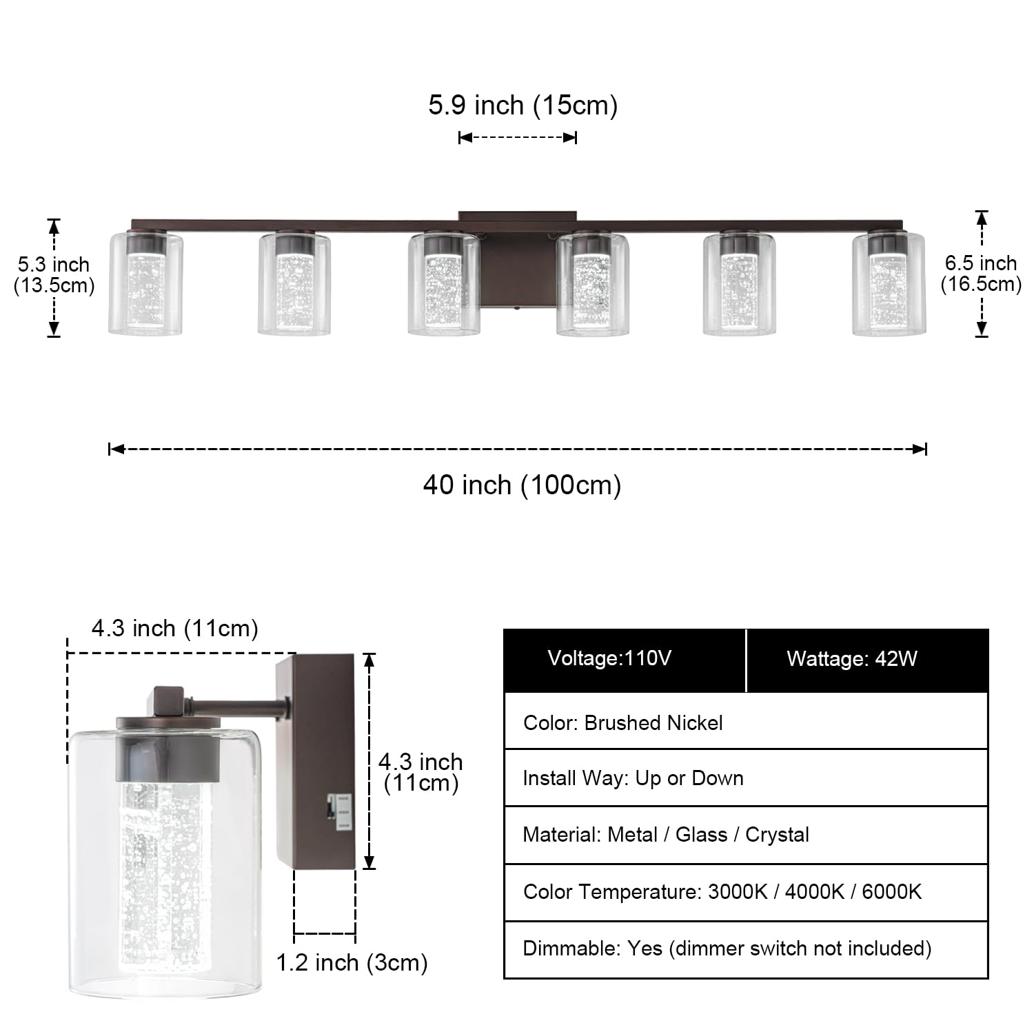 Sinerise 6-Light Bronze Vanity Light With 3 Color Modes (3000K/4000K/6000K), Eye Protection Led Bathroom Light Fixture, Dimmable