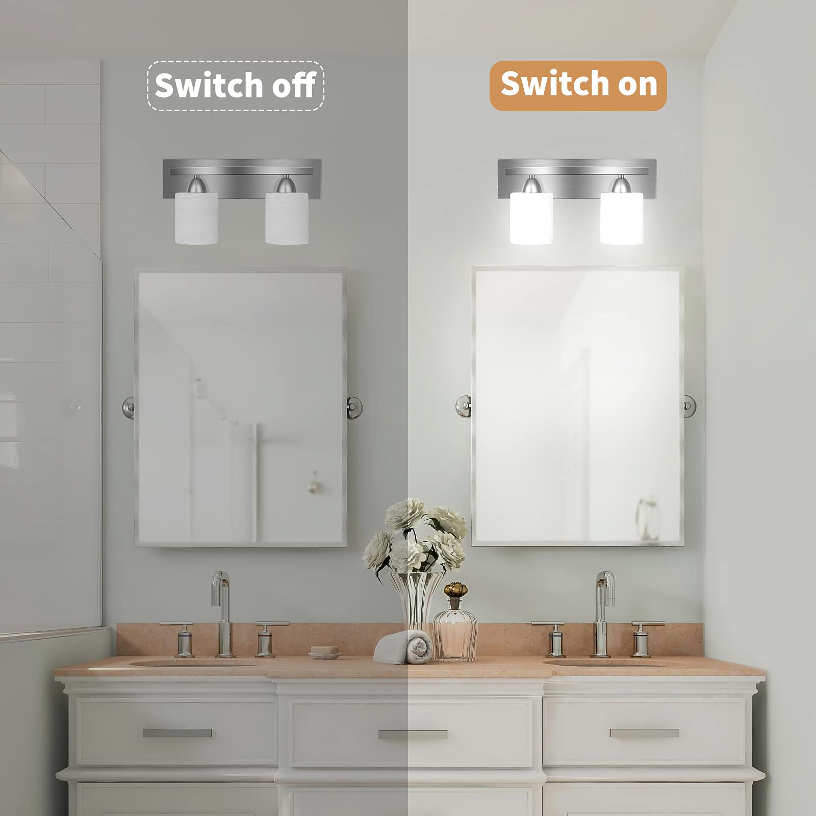 PARTPHONER Bathroom Vanity Light Fixture - 2-Light Modern Glass Shade - Brushed Nickel - Model WS003PA
