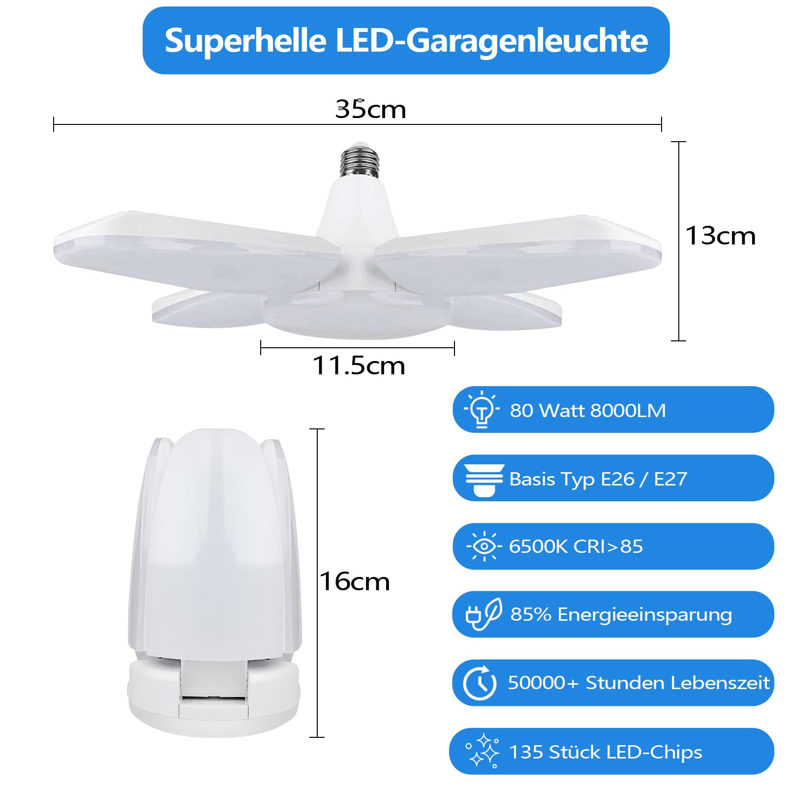 Yiliaw LED Garage Light 80W 8000LM 4 Pack with Adjustable Panels, 6500K Daylight, Plastic, White, Model DECKD60