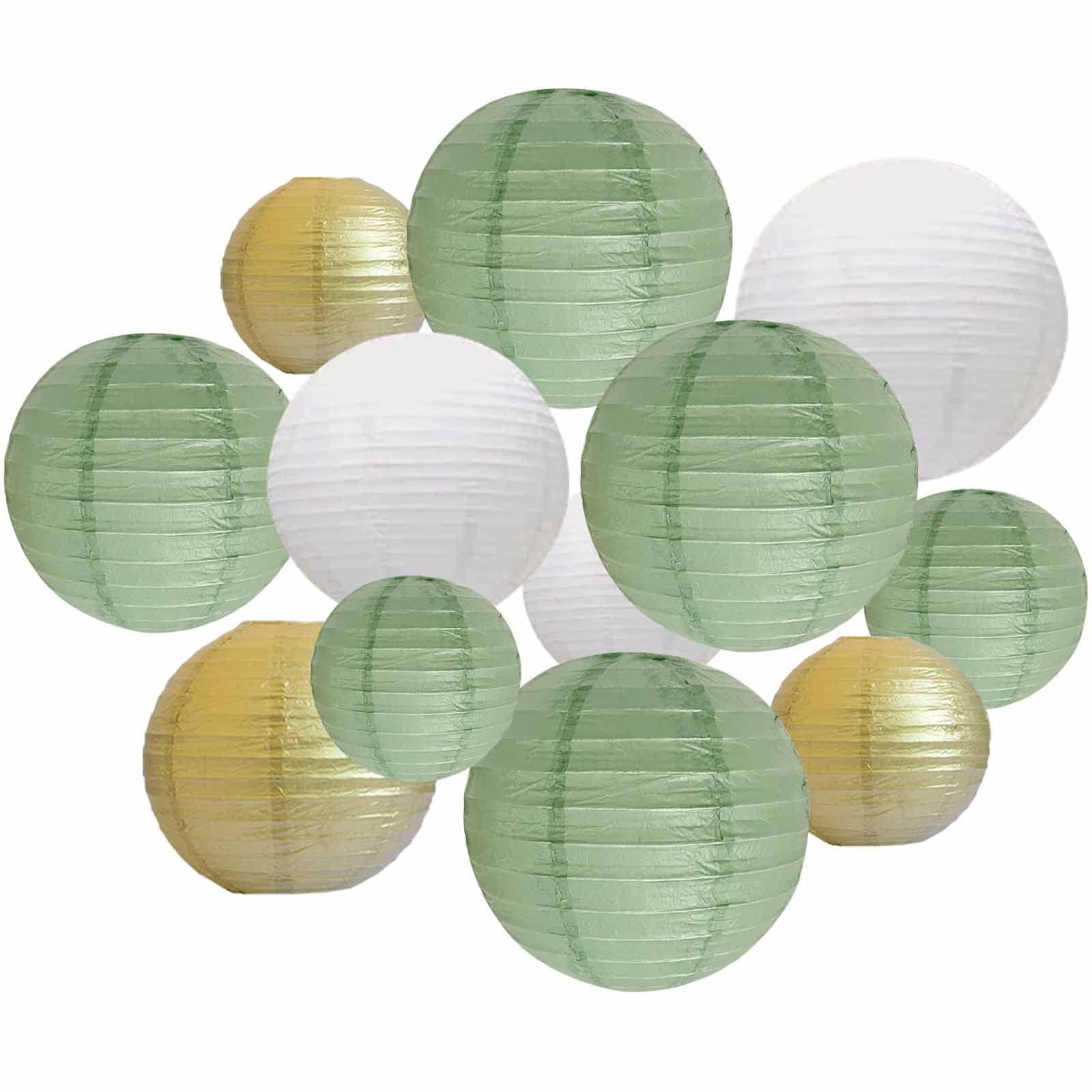 Ansomo Sage Green White And Gold Paper Lanterns Party Decorations Chinese Japanese Hanging Decorative Birthday Baby Shower Bridal Wedding Greenery Neutral Home Décor 12 Pcs 12" 10" 8" 6"