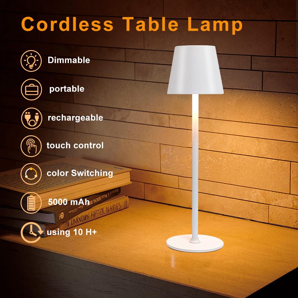 Led Cordless Table Lamps Set Of 2,Portable Rechargeable 5000Mah Outdoor Table Lamp,3 Color Stepless Dimming Wireless Battery Pow