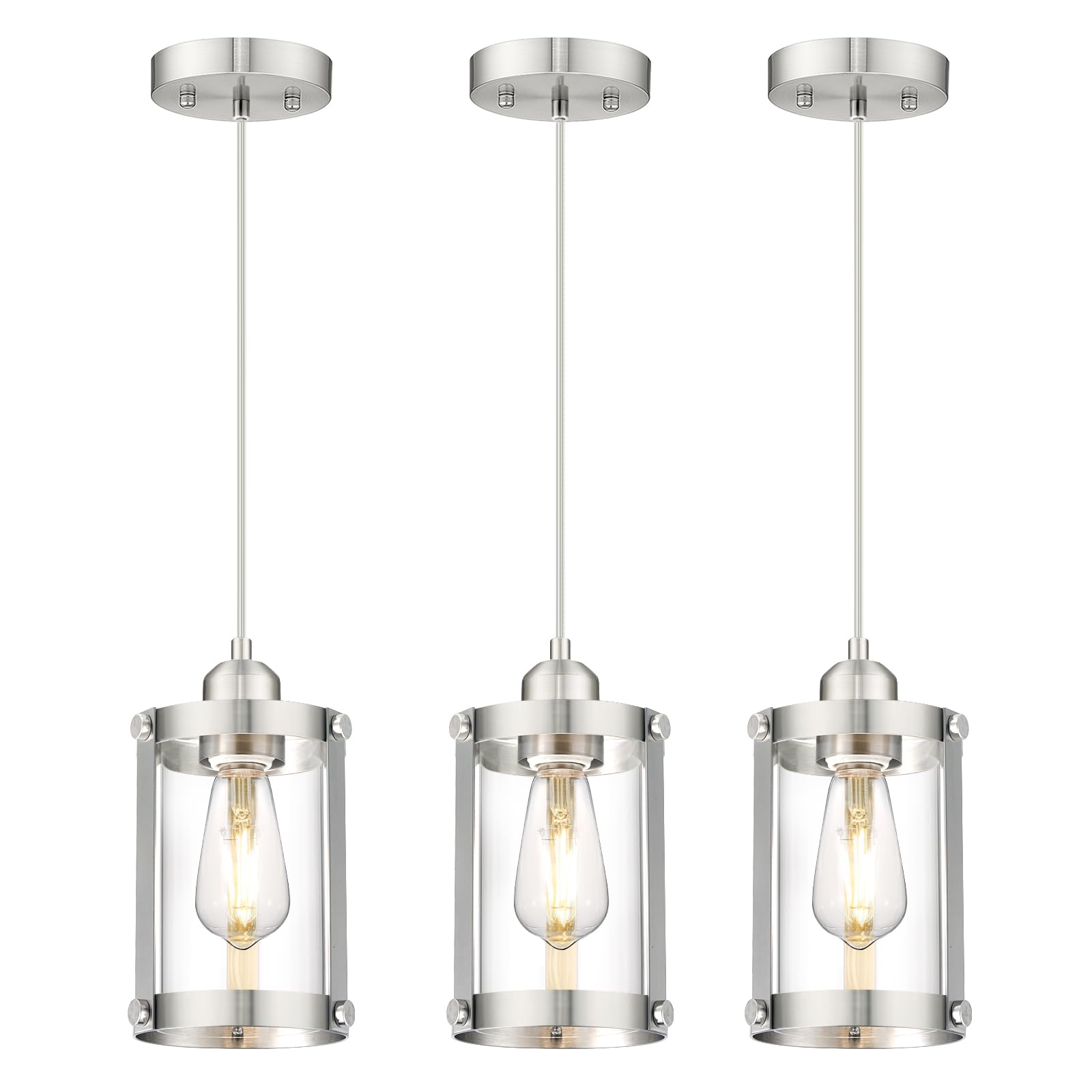 Osimir Brushed Nickel Pendant Lights Kitchen Island 3 Pack, Modern Kitchen Pendant Lighting Over Island with Clear Glass, Farmho
