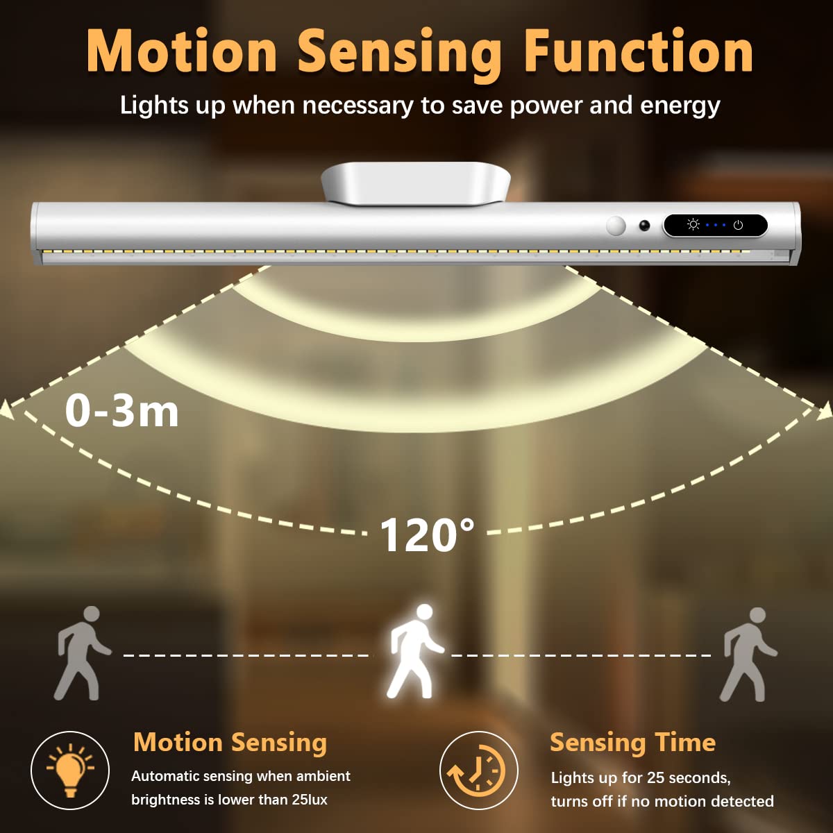 bravzurg Motion Sensor LED Light Bar, Rechargeable Magnetic Under Cabinet Lighting, Aluminum, Silver, Model YZYK350-SR04