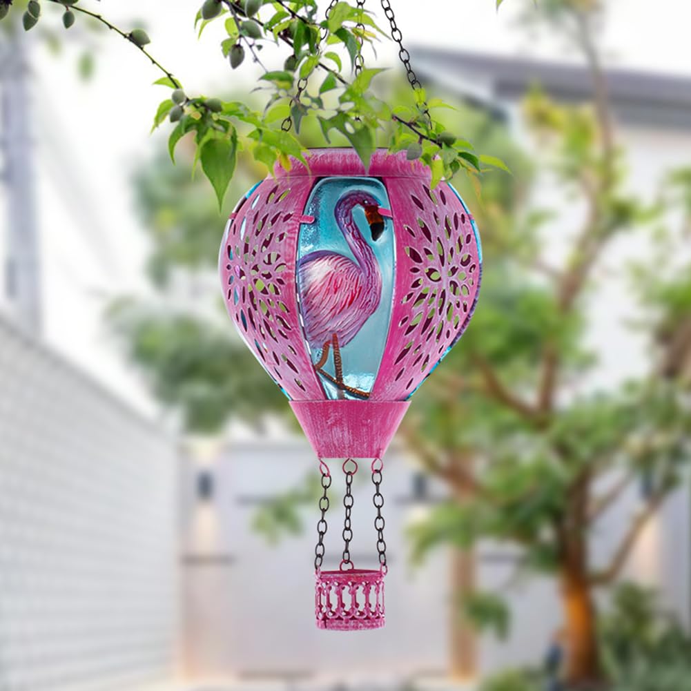 Starsoul Pink Hot Air Balloon Solar Lantern Flamingo Metal & Glass Solar Hot Air Balloon Hanging Garden Light Waterproof Outdoor