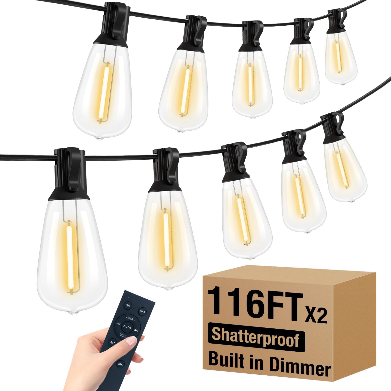 Litogo Led Outdoor String Lights With Remote, 232Ft (116X2) Waterproof Patio Lights With Shatterproof St38 Edison Bulbs, Dimmabl