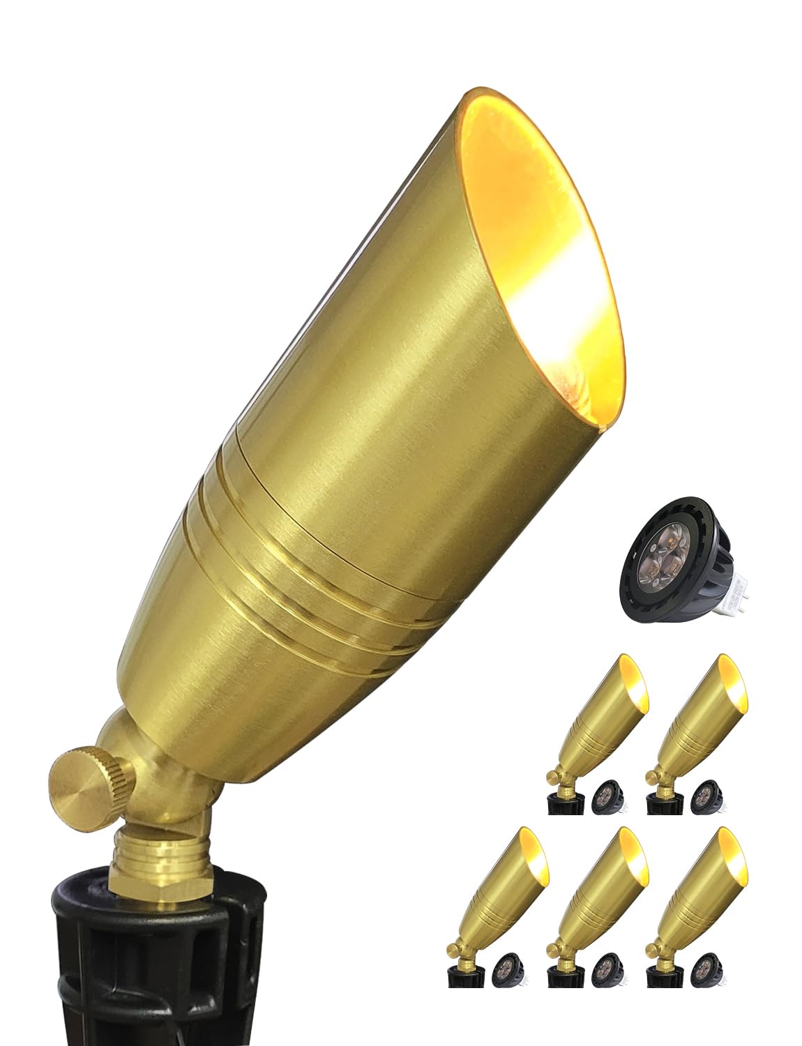 Coloer Die-Cast Brass Landscape Spotlight 6-Pack With 5W Aluminum Housing Led Mr16 Bulb,12V Ac/Dc Low Voltage Copper Outdoor Lighting, Directional Garden Patio Spot Up Light (102B Brass Finish)