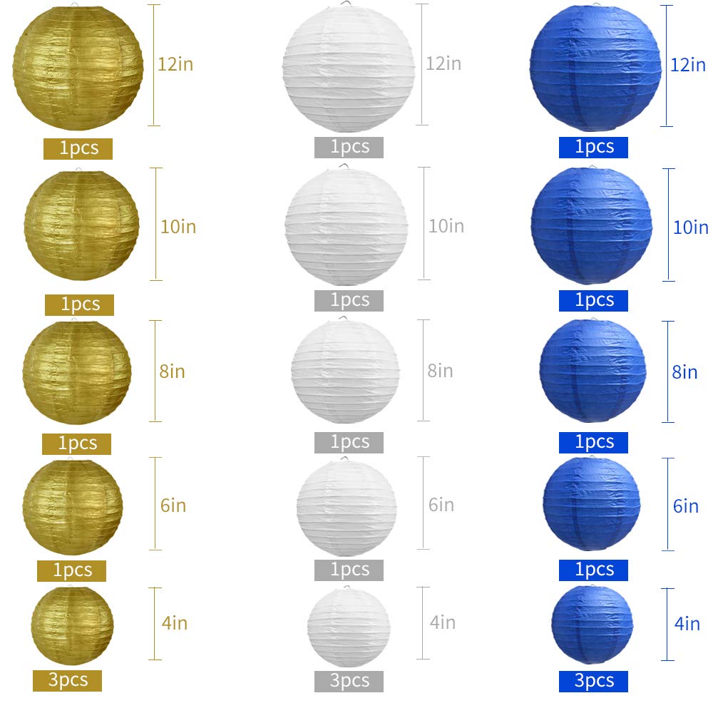 BEISHIDA 21 Pcs Paper Lanterns - Blue Gold White Round Decorative Hanging Lights for Birthday, Wedding, Graduation, Baby Shower Decoration