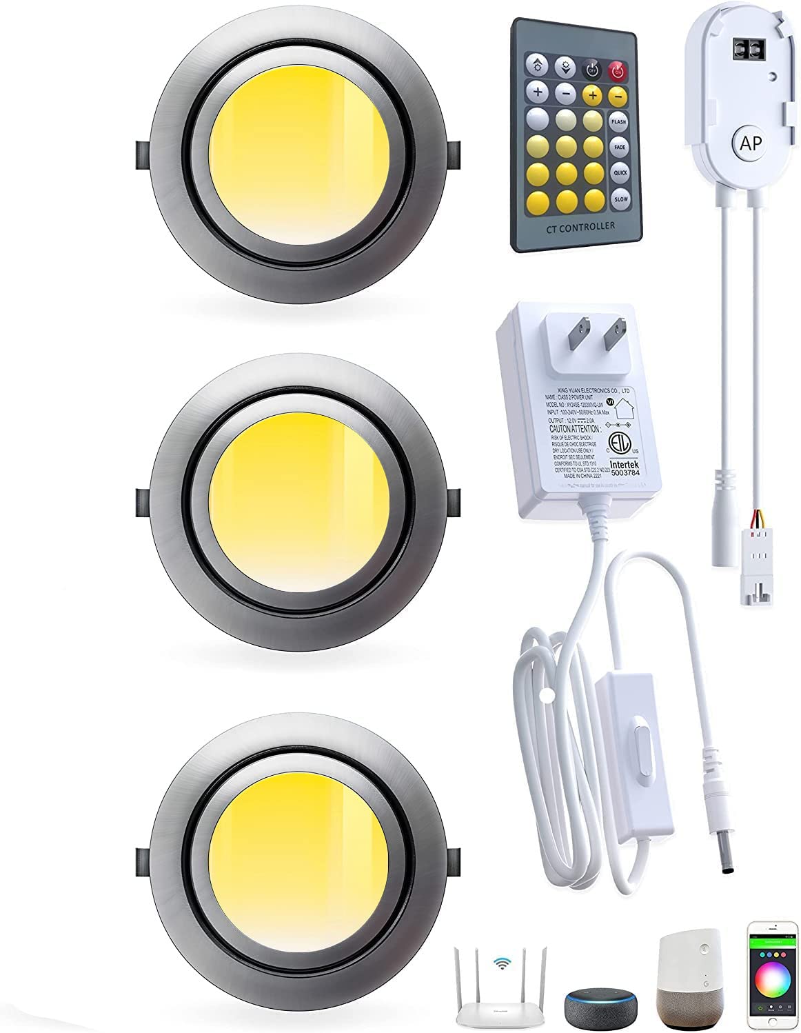 LAMPAOUS Smart Puck Lights 2700-6500K Tunable LED Under Cabinet Lighting, 3pcs, Metallic Grey, Model YF_P-CA-07
