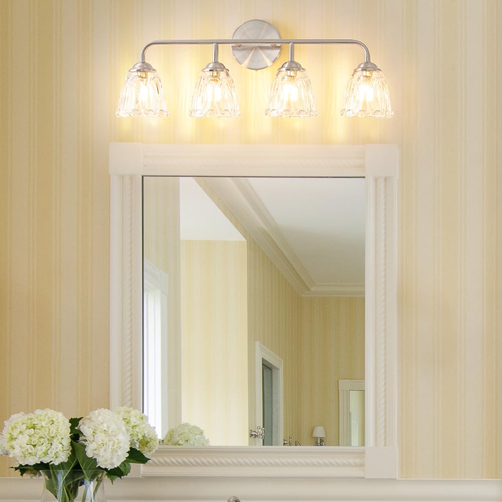 Daunton Vintage 4-Light Brushed Nickel Bathroom Light Fixtures, Elegant Bathroom Vanity Lights Over Mirror, Vanity Lighting For