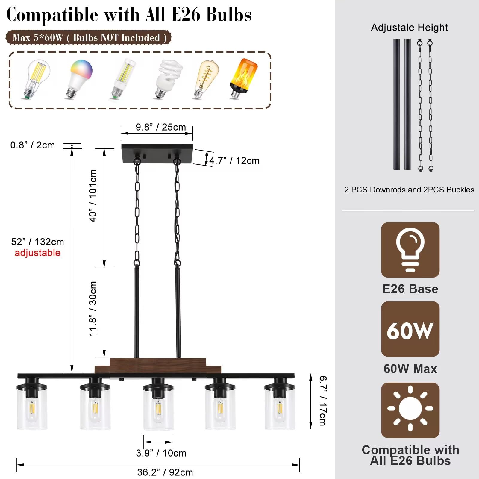 Dining Room Light Fixture Over Table,Farmhouse 5-Light Kitchen Island Lighting, Linear Chandelier With Clear Glass Shades, Moder