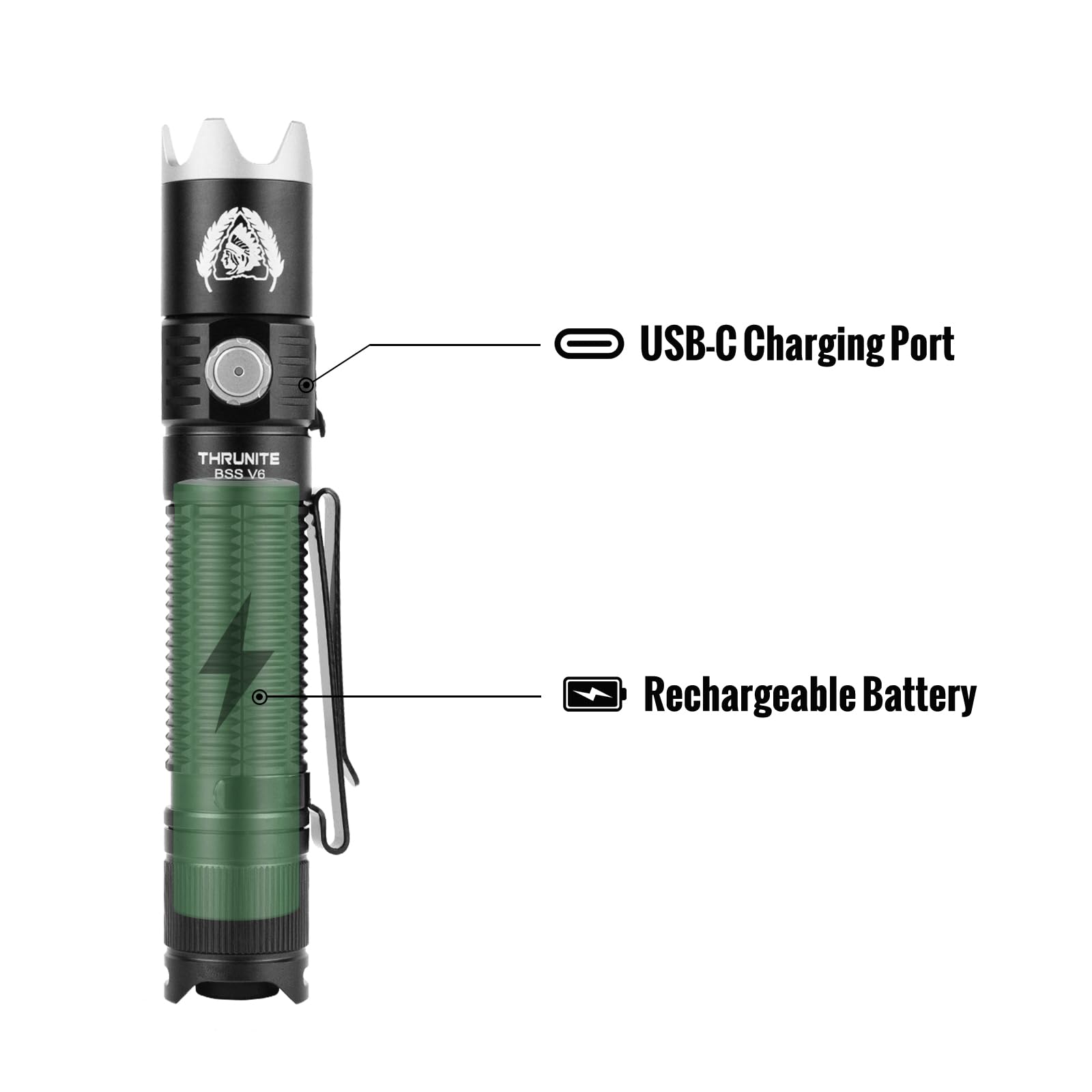 ThruNite BSS V6 Black EDC Flashlight, 2000 Lumens, USB-C Rechargeable, Aluminum, Pocket Size, Black CW