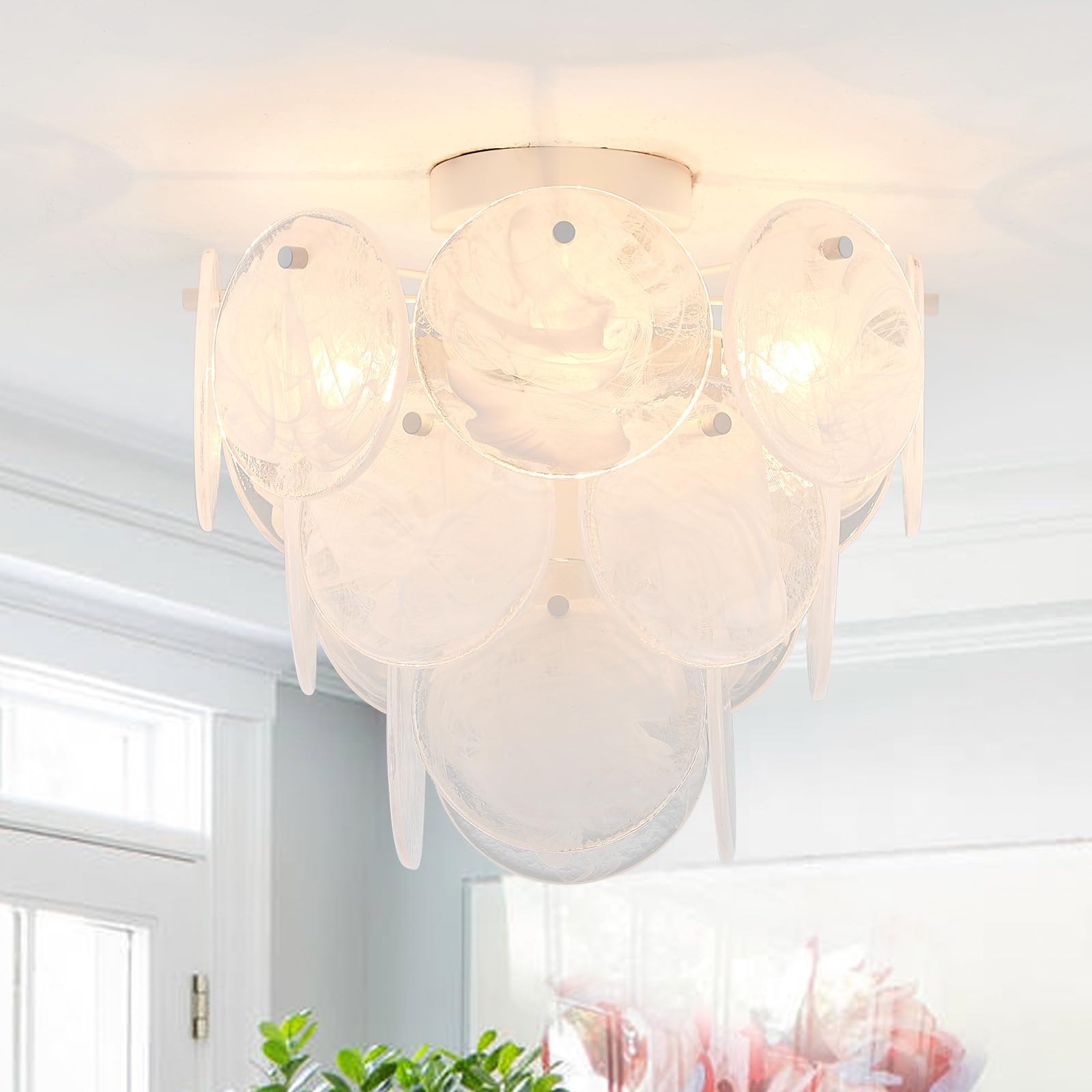 VANZARLA Modern Glass Flush Mount Light Fixture, Hallway Ceiling Light Unique Chandelier, 4-Light Flush Mount Chandelier for Bed