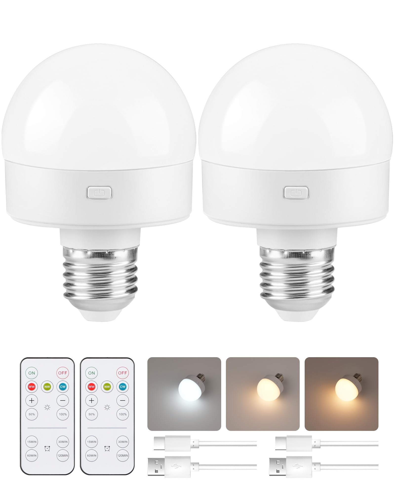 Goebleson Rechargeable Light Bulbs With Remote Control 2 Packs, Battery Operated Light Bulbs With Timer & 3 Color Temperature, D