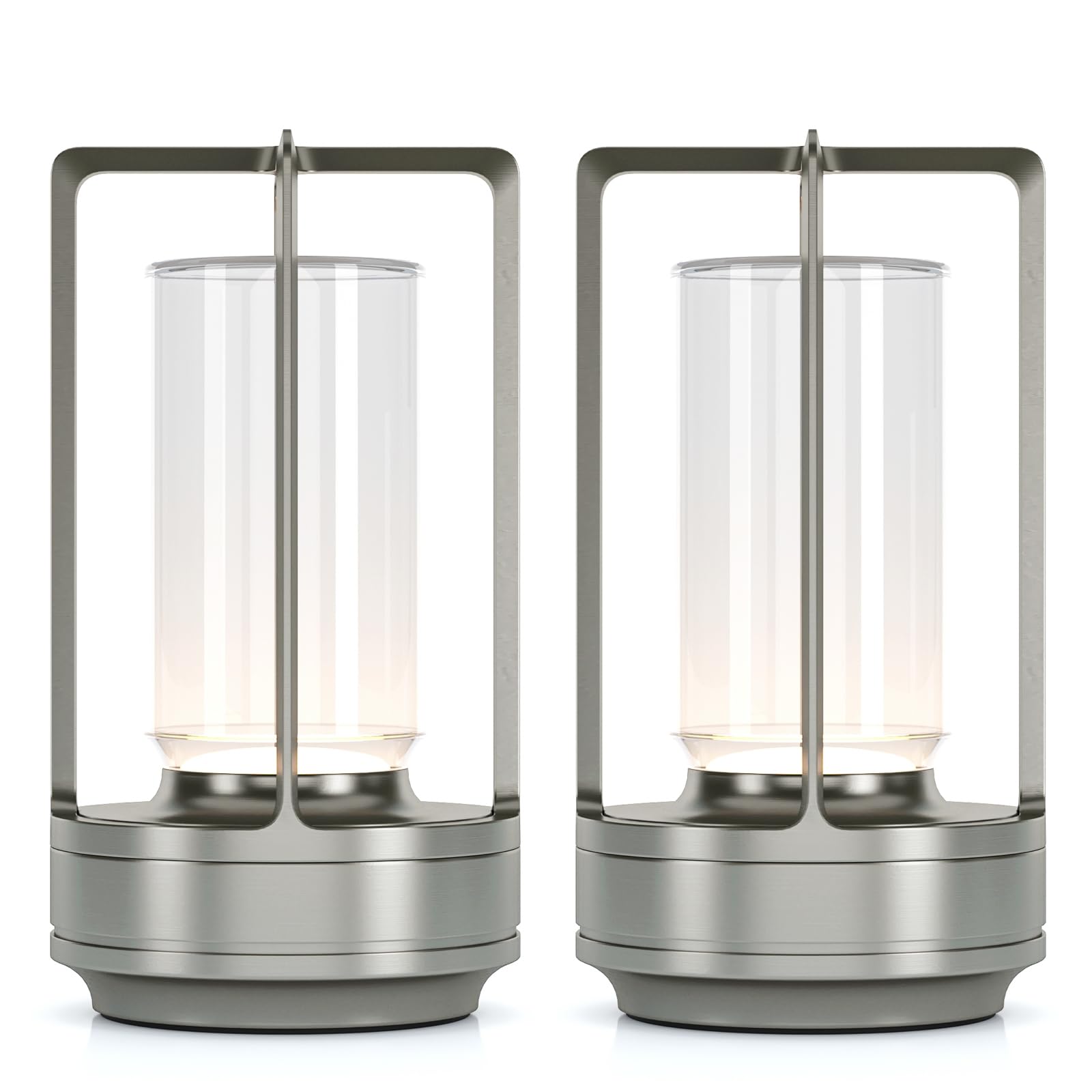 HAPYGI Portable Metal Table Lamp, Rechargeable LED, 3-Colour Dimming, Sliver Set of 2, Model A-LAMP