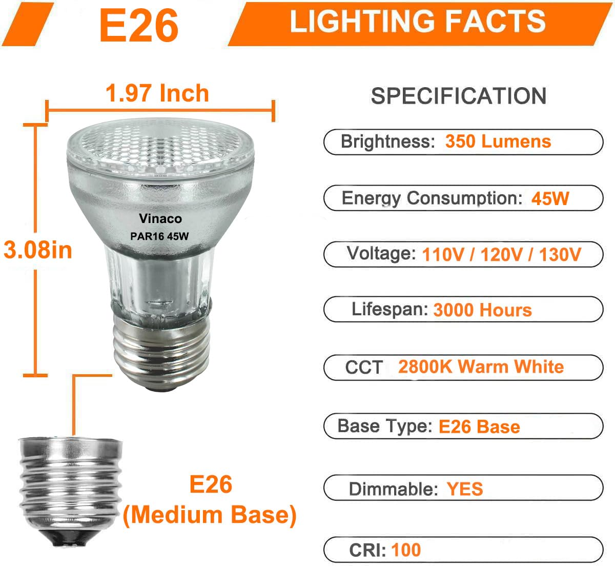 Vinaco PAR16 Bulb 6 Pack, 120V Dimmable 45W (39W Equivalent), 2800K Warm White Halogen, E26 Base for Range Hood, Table
