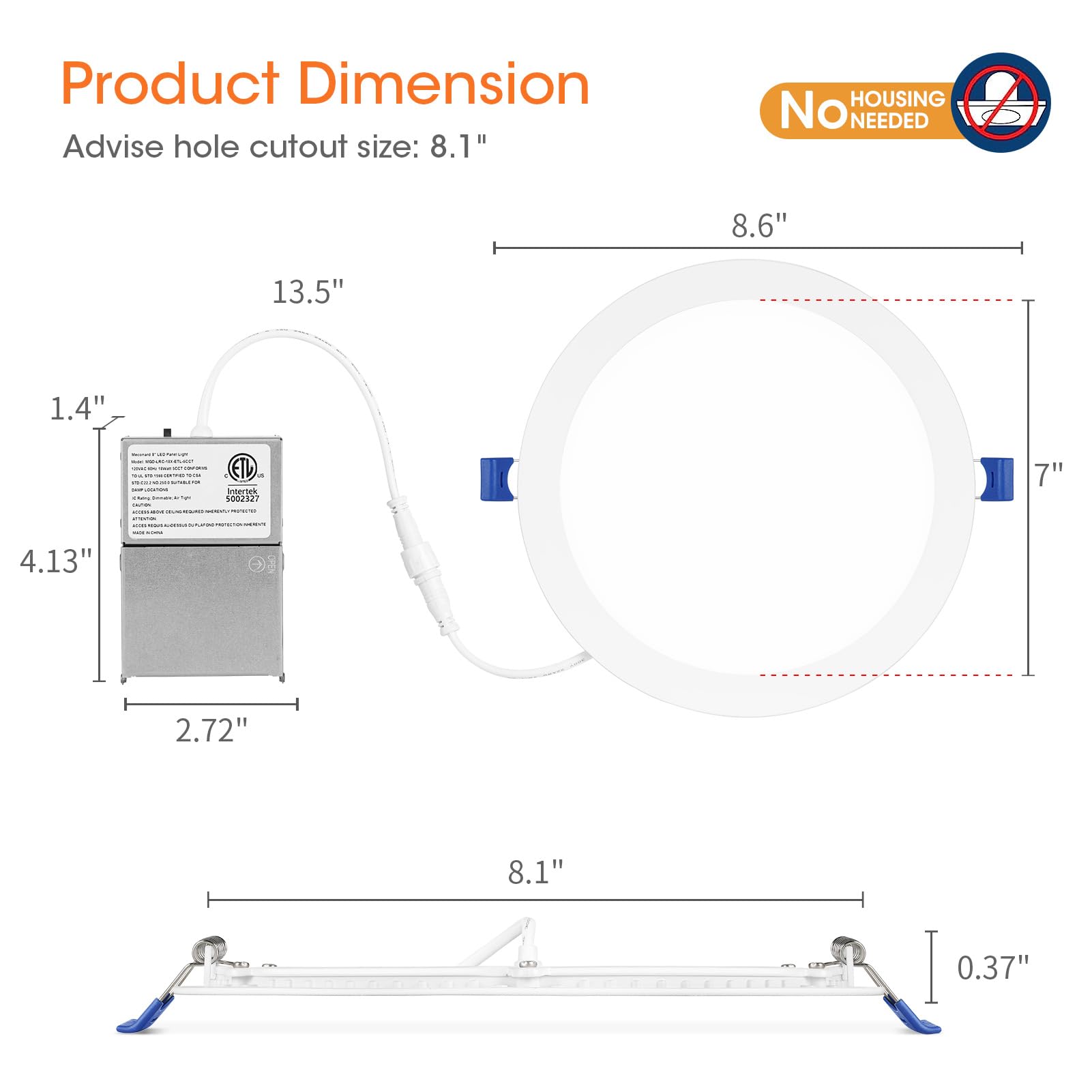 Meconard LED Recessed Ceiling Light 8 Inch 5CCT Dimmable 18W 1500LM IC Rated Model MGD-LRC-18X-ETL-5