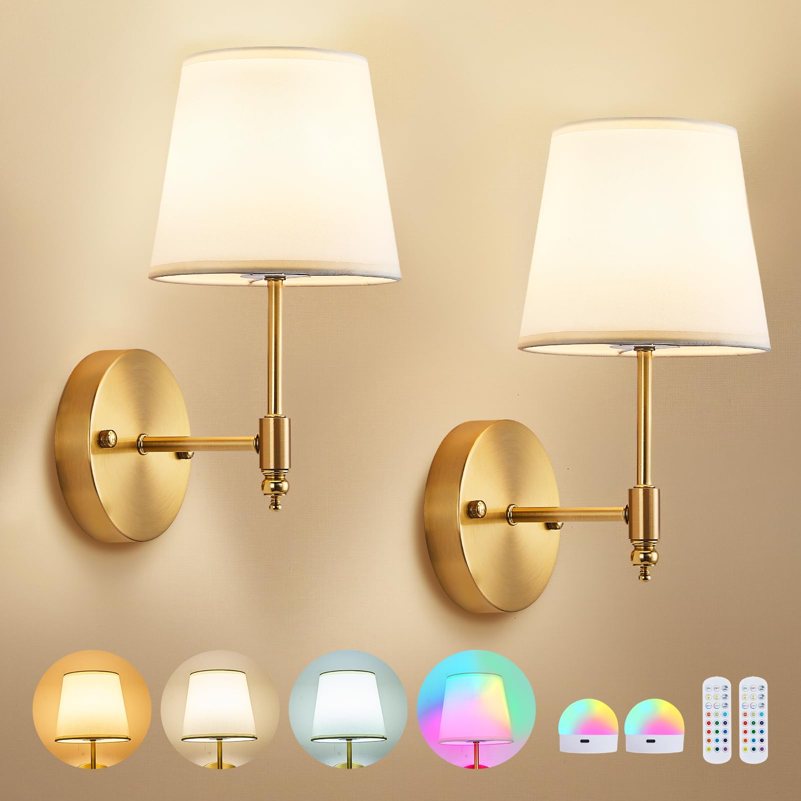 PXFLCRY Battery Operated Wall Sconce Set of 2,Gold Wireless Wall Light with Remote Control,RGB Dimmable Wall Sconces Set of Two