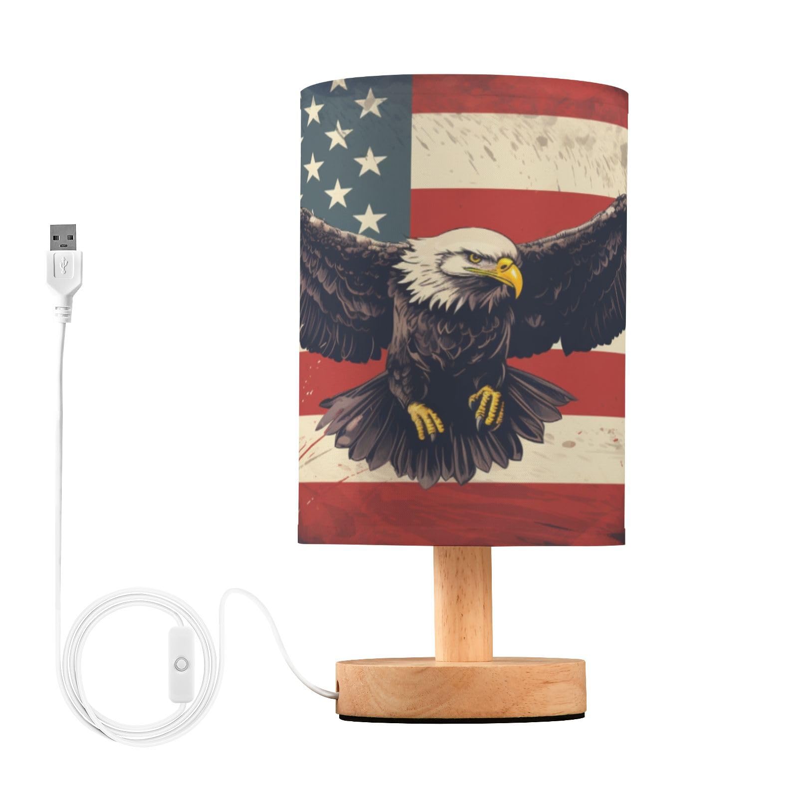 BOENLE Bedside Lamp American Flag Eagle Table Lamp for Bedroom LED Nightstand Lamp Shade USB Ports Wood Base for Living Room Dor