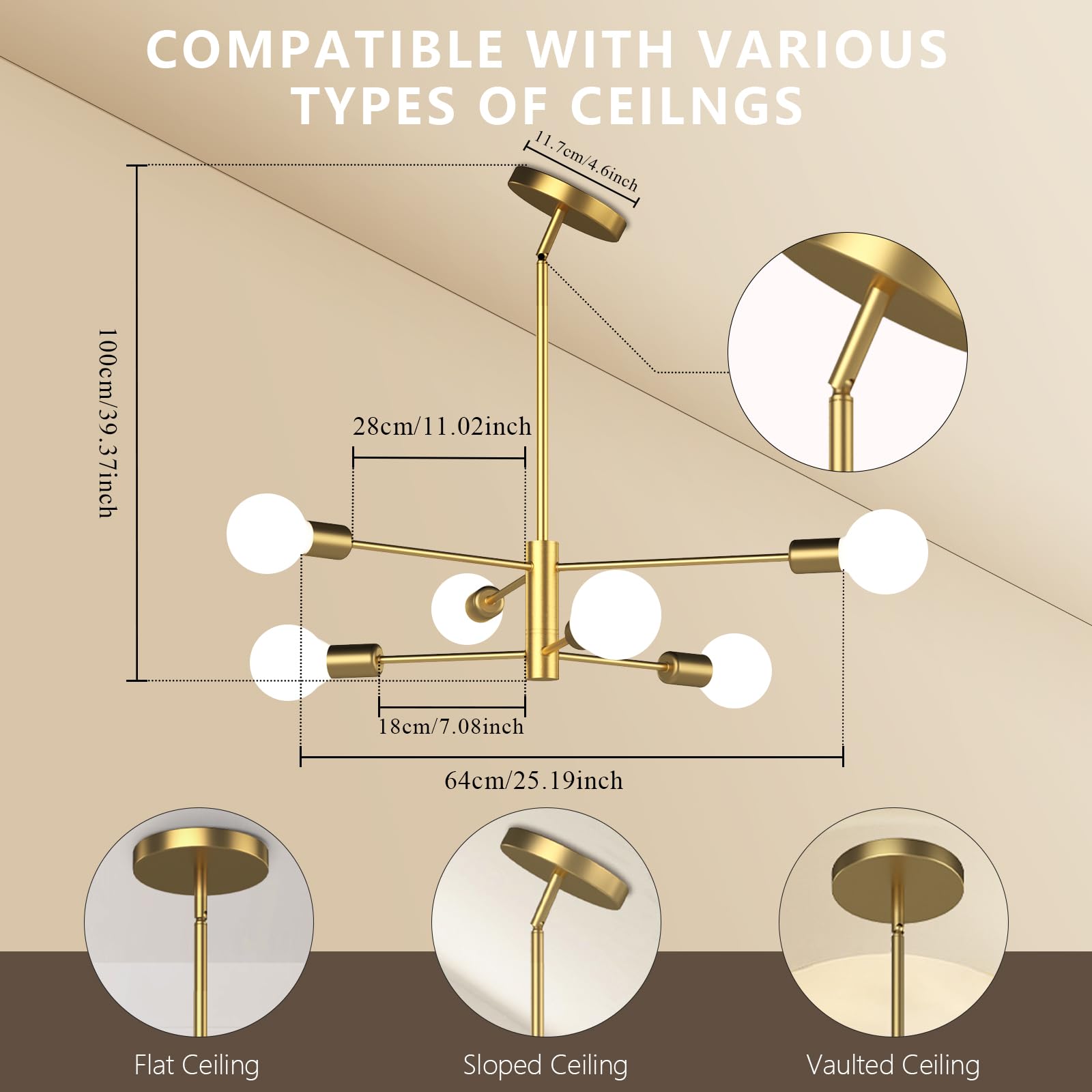 Eugitrains Gold Modern Sputnik Chandelier Ceiling Light Fixture, 6-Lights Mid Century Chandeliers Flush Mount Sputnik Lights Fix