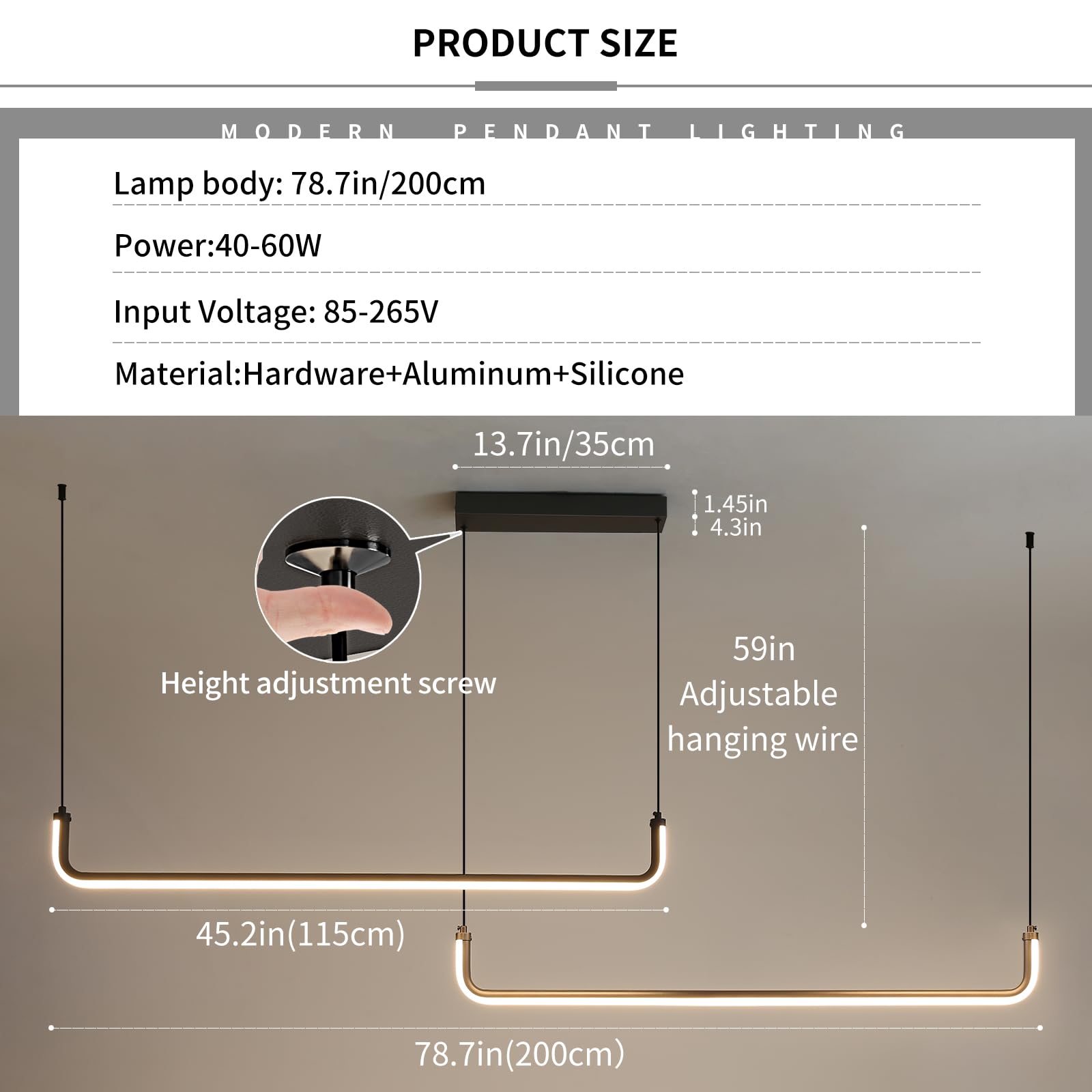 Mikeru 2-Light LED Chandelier, 79in, Aluminum, Remote Control, Adjustable Color Temp 3000K-6500K, H-Black, Model UXPJ