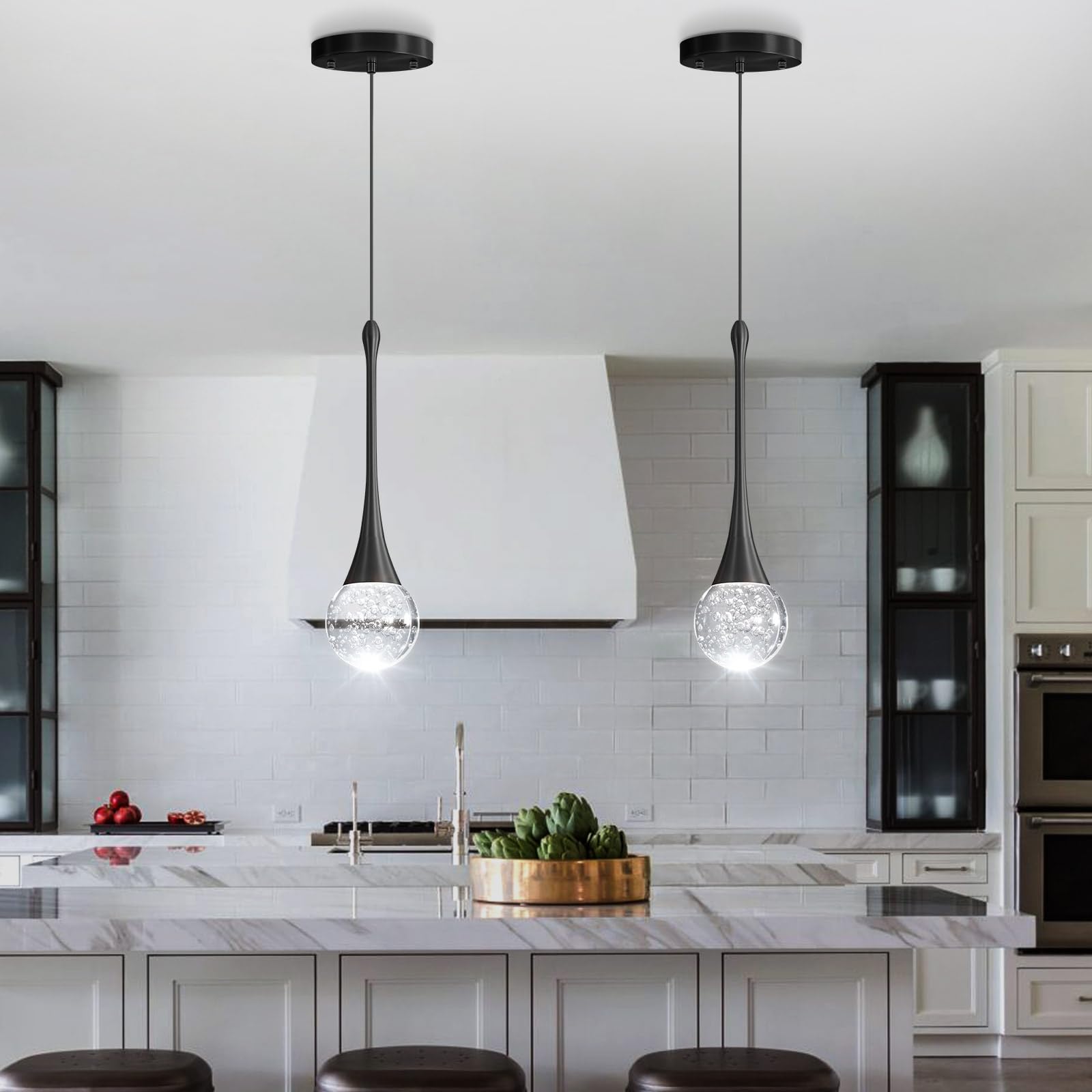 cenozo Modern Pendant Light - LED Dimmable Crystal Ceiling Lamp, 1 Light Round, Black, Model RS2037-1H for Kitchen, Dining, Bedroom