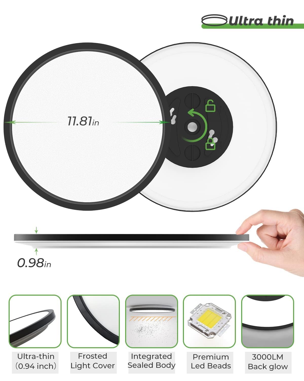 Zemty 12Pack 12 Inch Led Ceiling Light, Slim 28W 3200Lm, 3 Color Temp 3000K/4500K/6000K, Black, Model