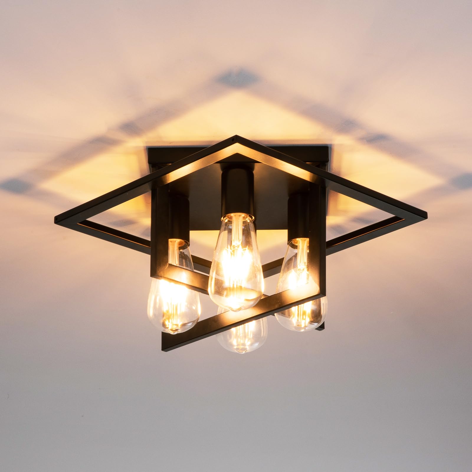 fengkeDU Industrial Farmhouse Ceiling Light Fixture 4-Light Matte Black Flush Mount with Geometric Cage Design - E26 Base for Ki
