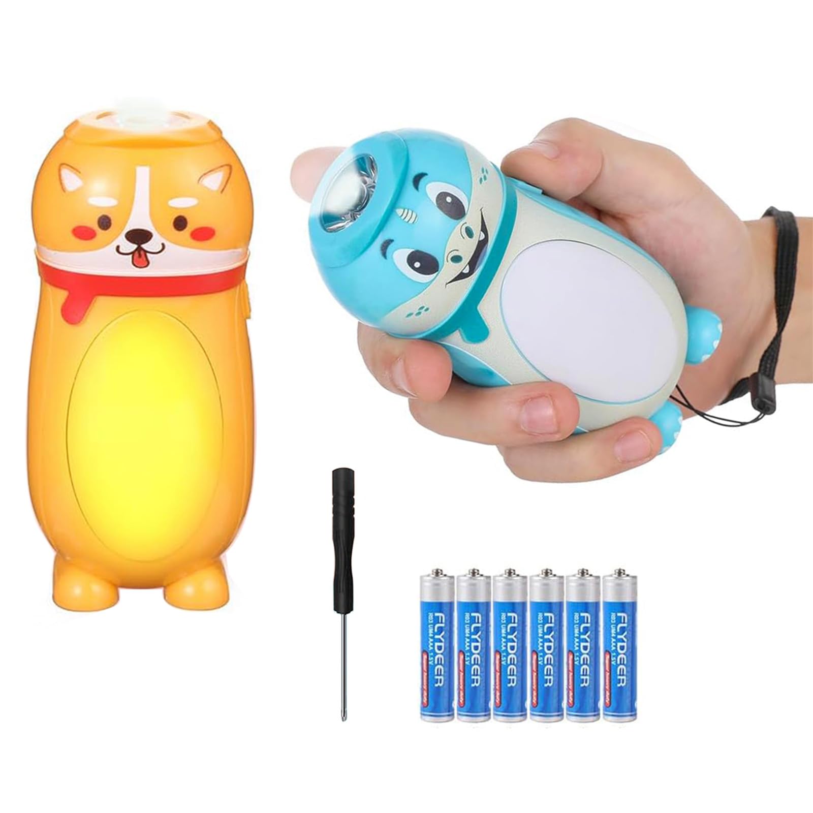 Hilngav Mini LED Flashlights 2 Pack - Cute Animal Design, Camping Lantern, Plastic, Model S12-3, Ideal for Kids and Toddlers, 2 in 1