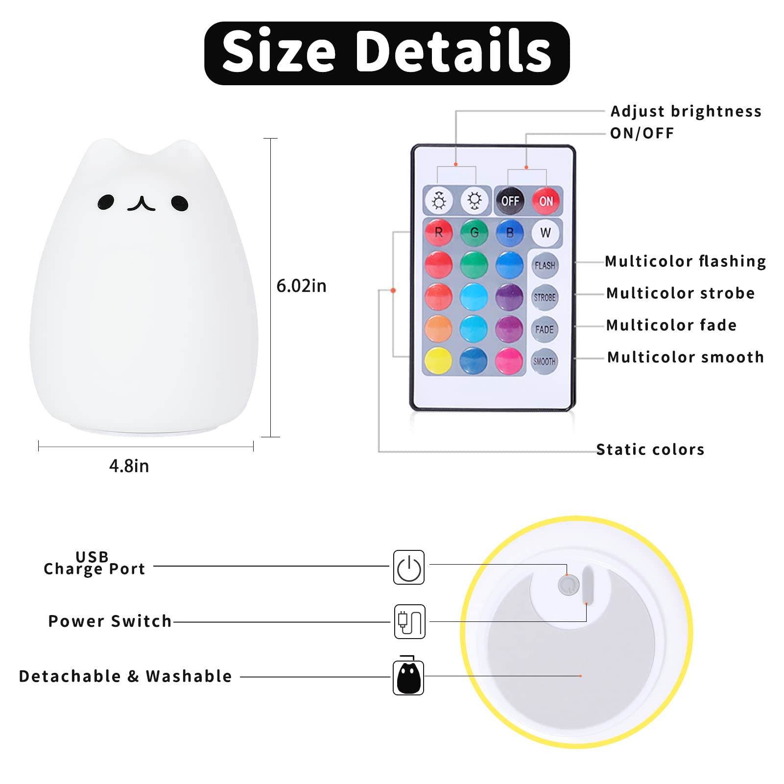 Remote Control Soft Silicone Kitty Night Light For Kids Room, Cute Cat Night Light For Room Decor, Kawaii Nursery Lamp For Women Baby Teen Girls (Remote Control Cat)