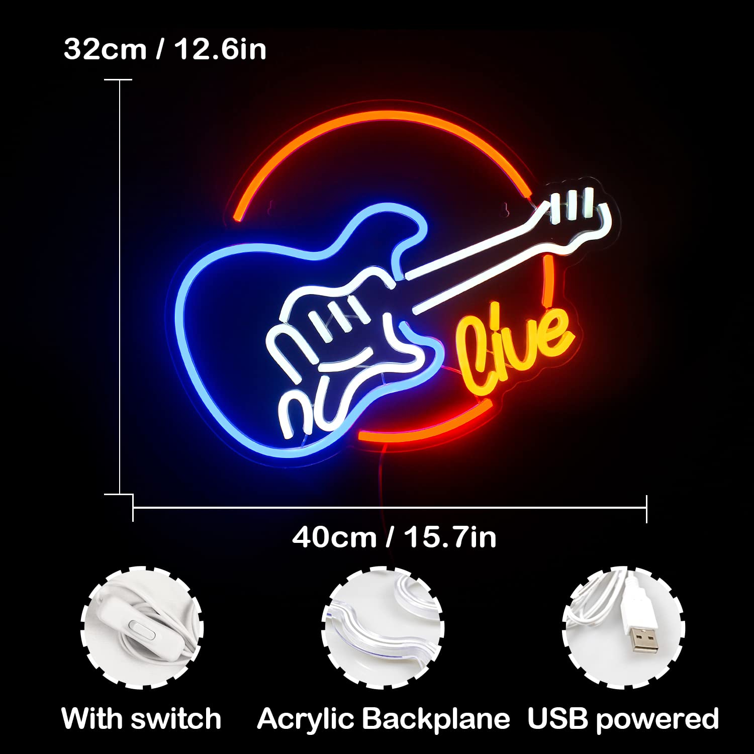 Wanxing Guitar Shape LED Neon Sign - Colorful Decor for Music Studio, 12.6x15.7 inches, USB Powered, Acrylic, Glass, Metal