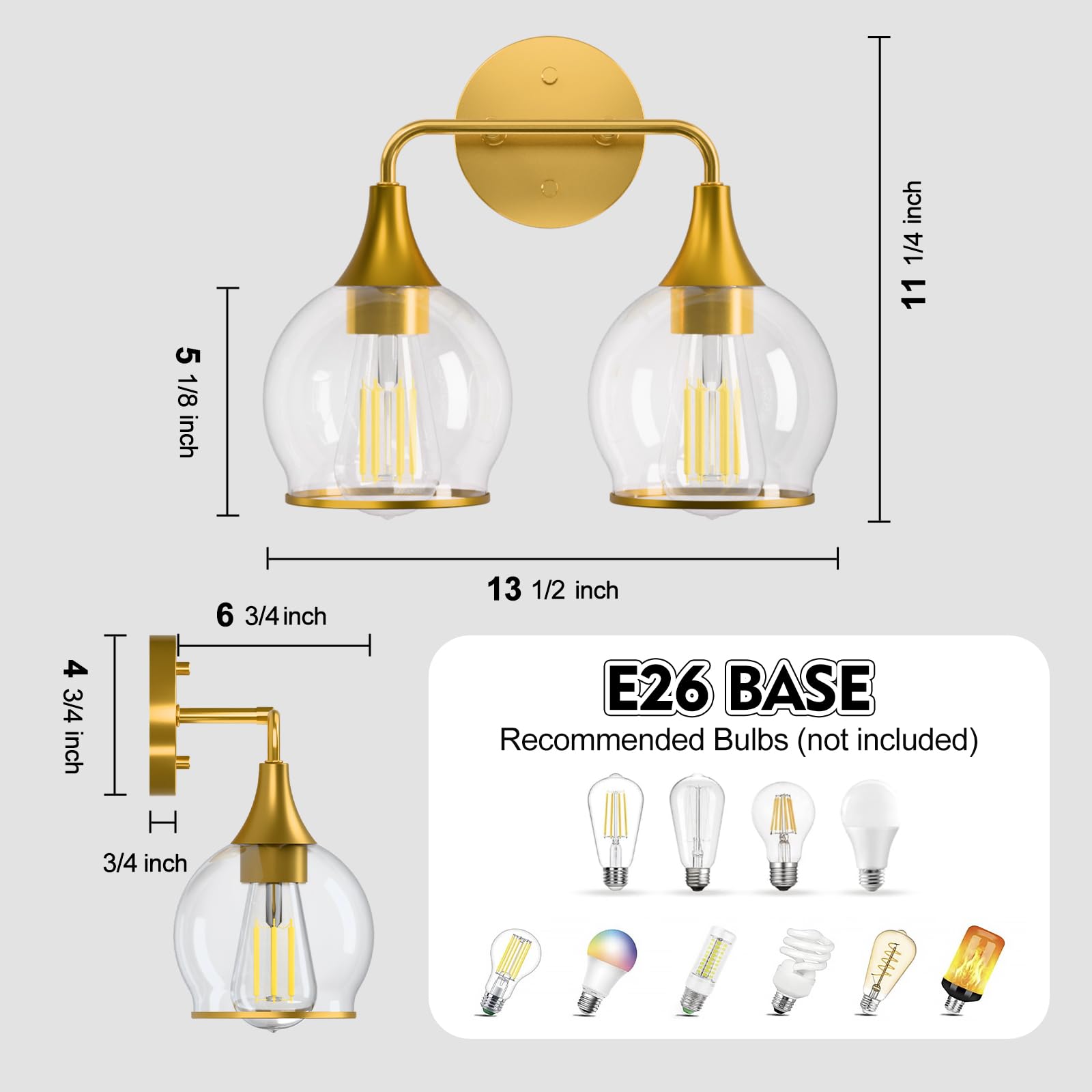Lightania Bathroom Light Fixtures, 2-Light Vanity Lights with Clear Globe Glass Shade, Modern Gold Bathroom Vanity Light, Bathro