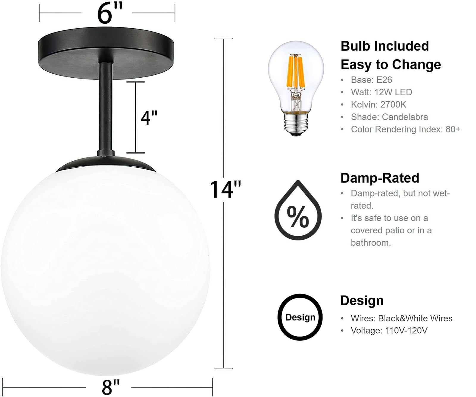 Globe Semi Flush Mount Ceiling Light, Mid Century Modern Light Fixture Ceiling, Milk Glass With Matte Black Finish, Living Room