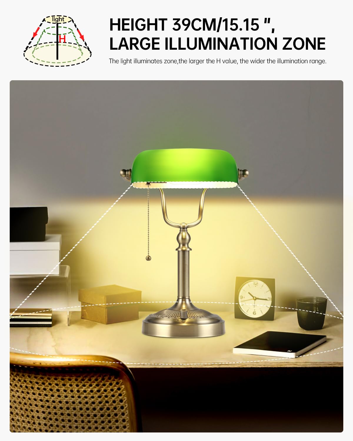 Newrays Green Glass Bankers Desk Lamp - Stepless Dimmable LED Table Lamp, Model T9008, Ideal for Study & Office