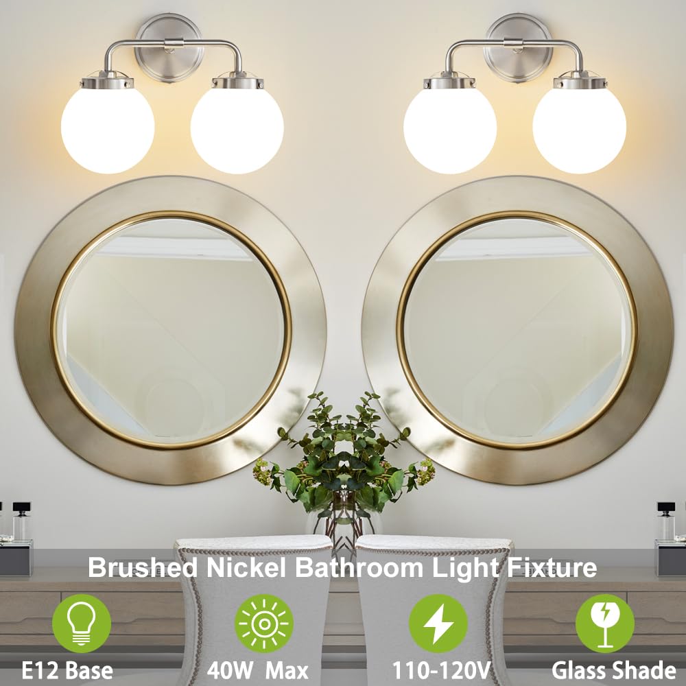 Deyidn Bathroom Light Fixtures Over Mirror, Brushed Nickel Modern Vanity Lighting With Milk White Glass Globe Shades 2-Light Far