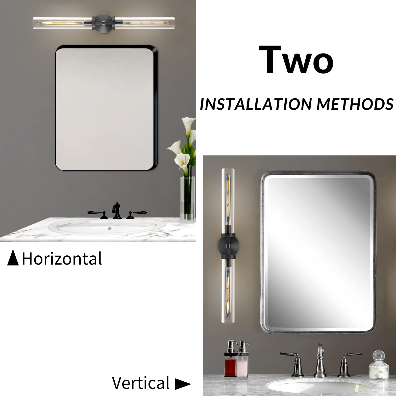 ZHTIECHUI Modern Wall Sconces, 30in Black Brass Double Glass Light Fixtures, 2-Light for Bathroom, Living Room, Kitchen