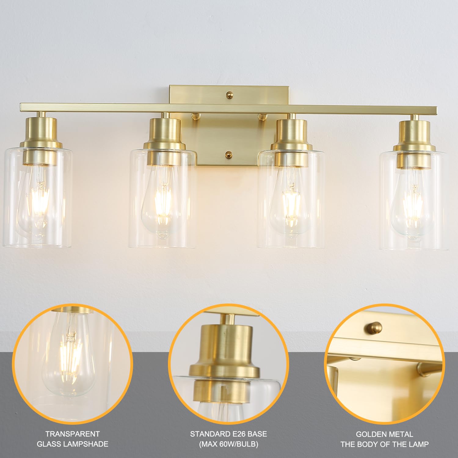 Jodauirt 4-Lights Gold Bathroom Vanity Light Fixtures,Brushed Gold Wall Sconces With Clear Glass Shades, Farmhouse Modern Wall Lighting ?For Mirror,Living Room,Bedroom