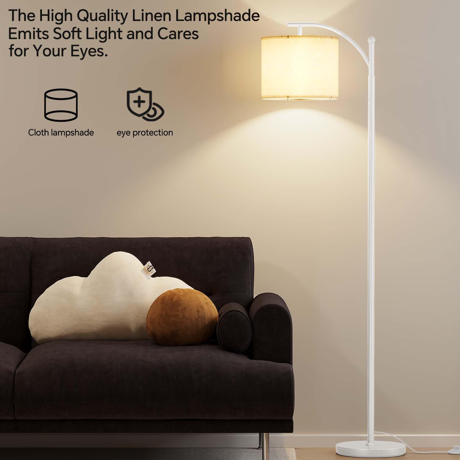 SUNMORY Arc Floor Lamp, Modern Metal Standing Lamp with 9W Bulb, Adjustable Lampshade, White, Model MF18166A