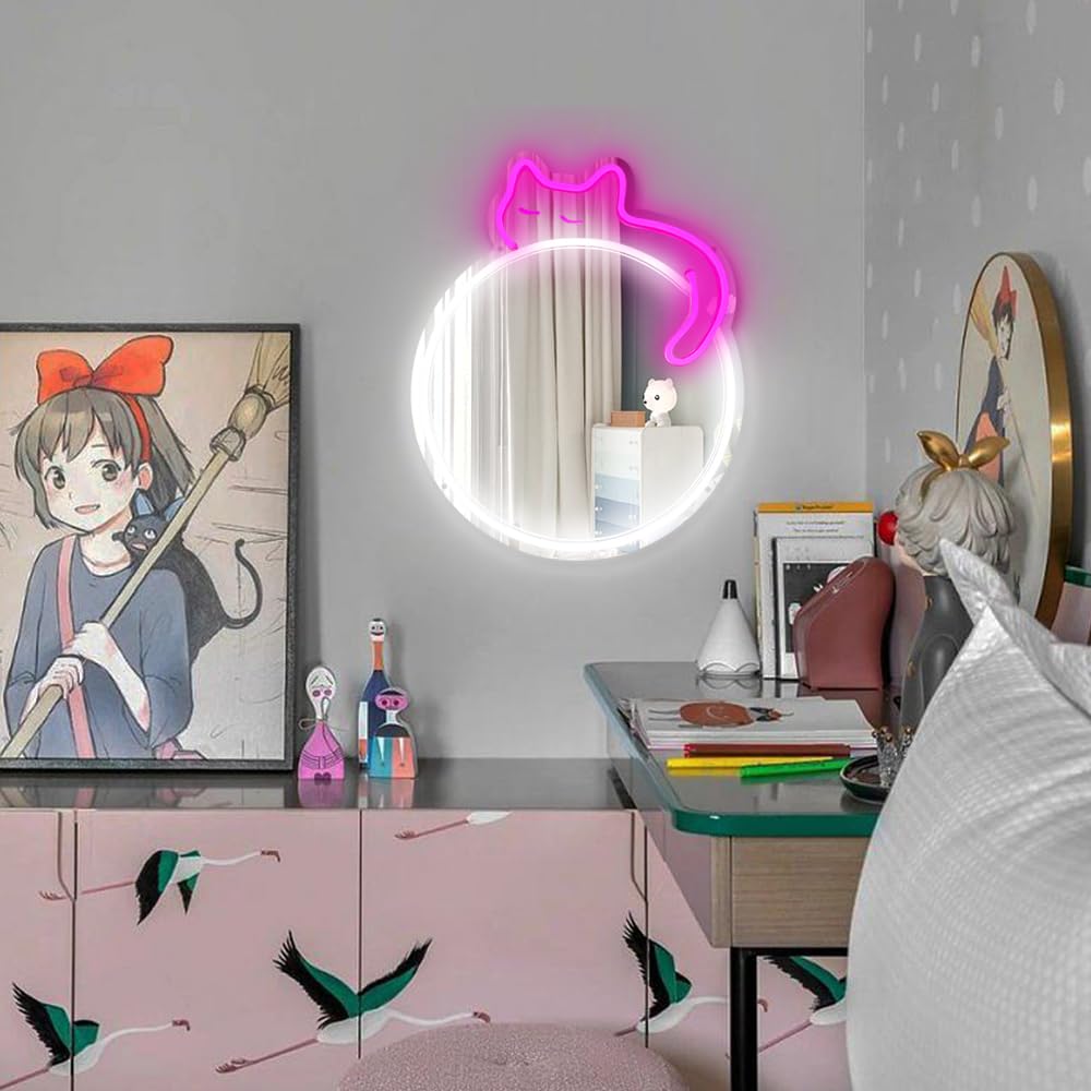Jxin Cat Neon Signs Mirror 16.53X13.38 Usb Powered With Dimmer Led Cute Neon Light For Wall Room Decor Bedroom Living Room Party Studio Shop Birthday Gifts For Girls